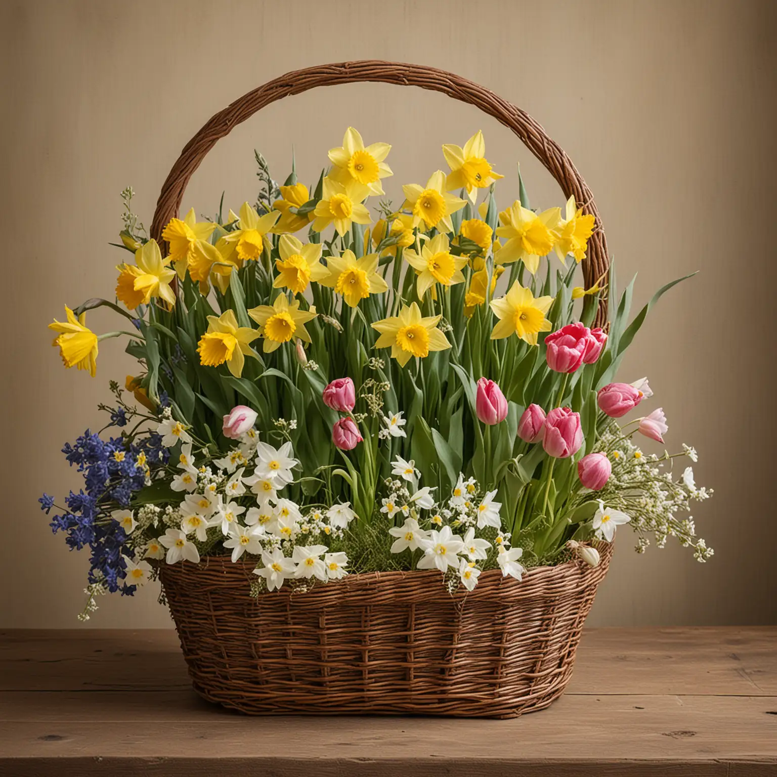Daffodils, tulips and wild flowers displayed in a wicker basket. Background color to be light cream.