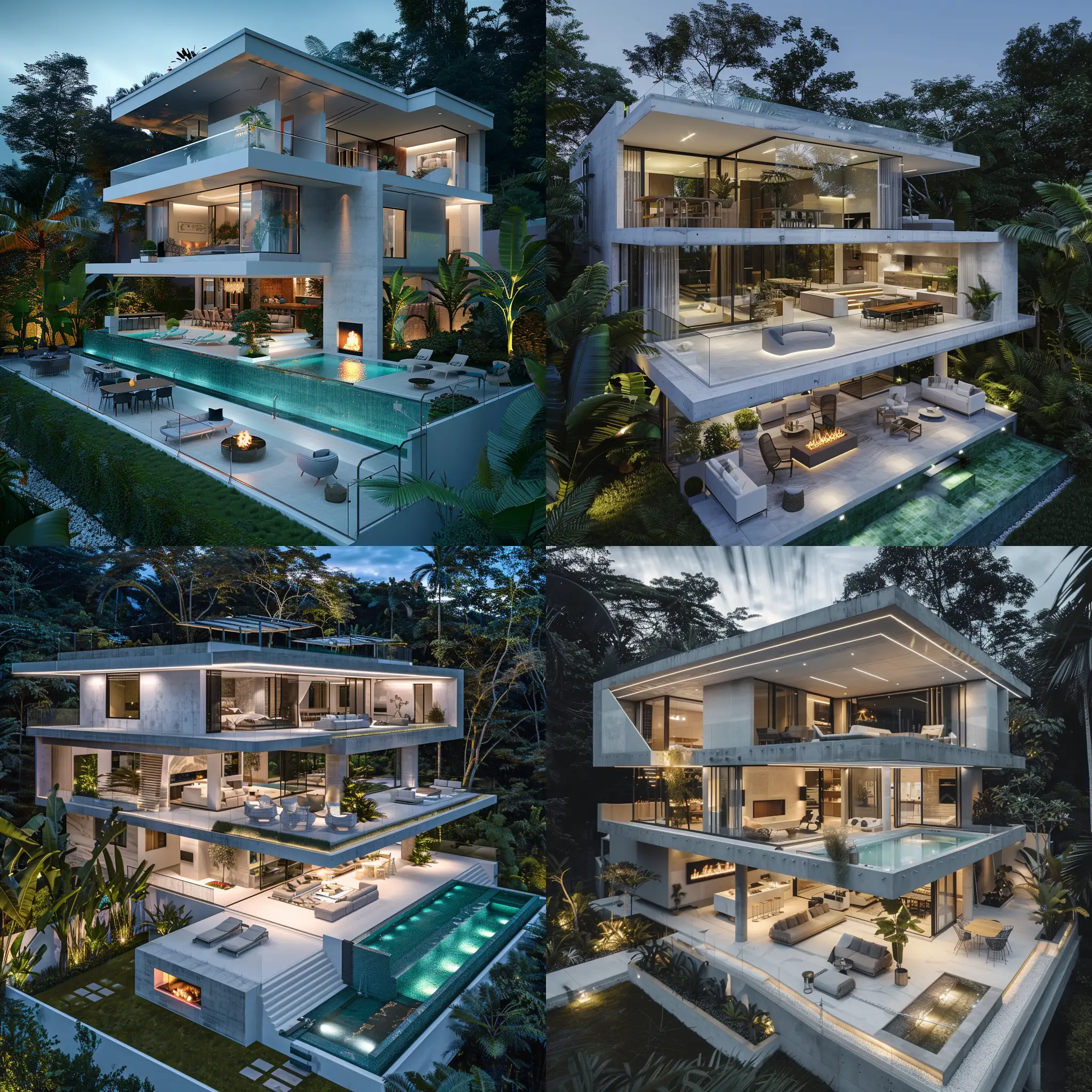Modern three-story villa with white and gray colors and concrete with full furniture arrangement.
It has an infinity glass pool, decorated and soft lighting, fireplace and table and chairs, landscaped yard, fenced lawn,
In a lush tropical forest with broad leaves and the sea, at night, real photo.

