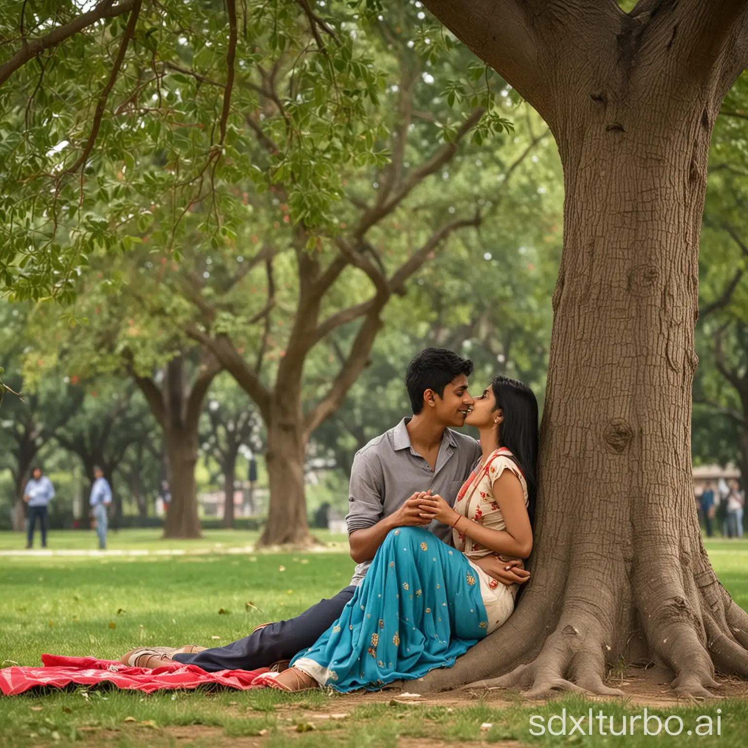 An Indian college boy and a girl are having a romantic moment under a tree on a college campus