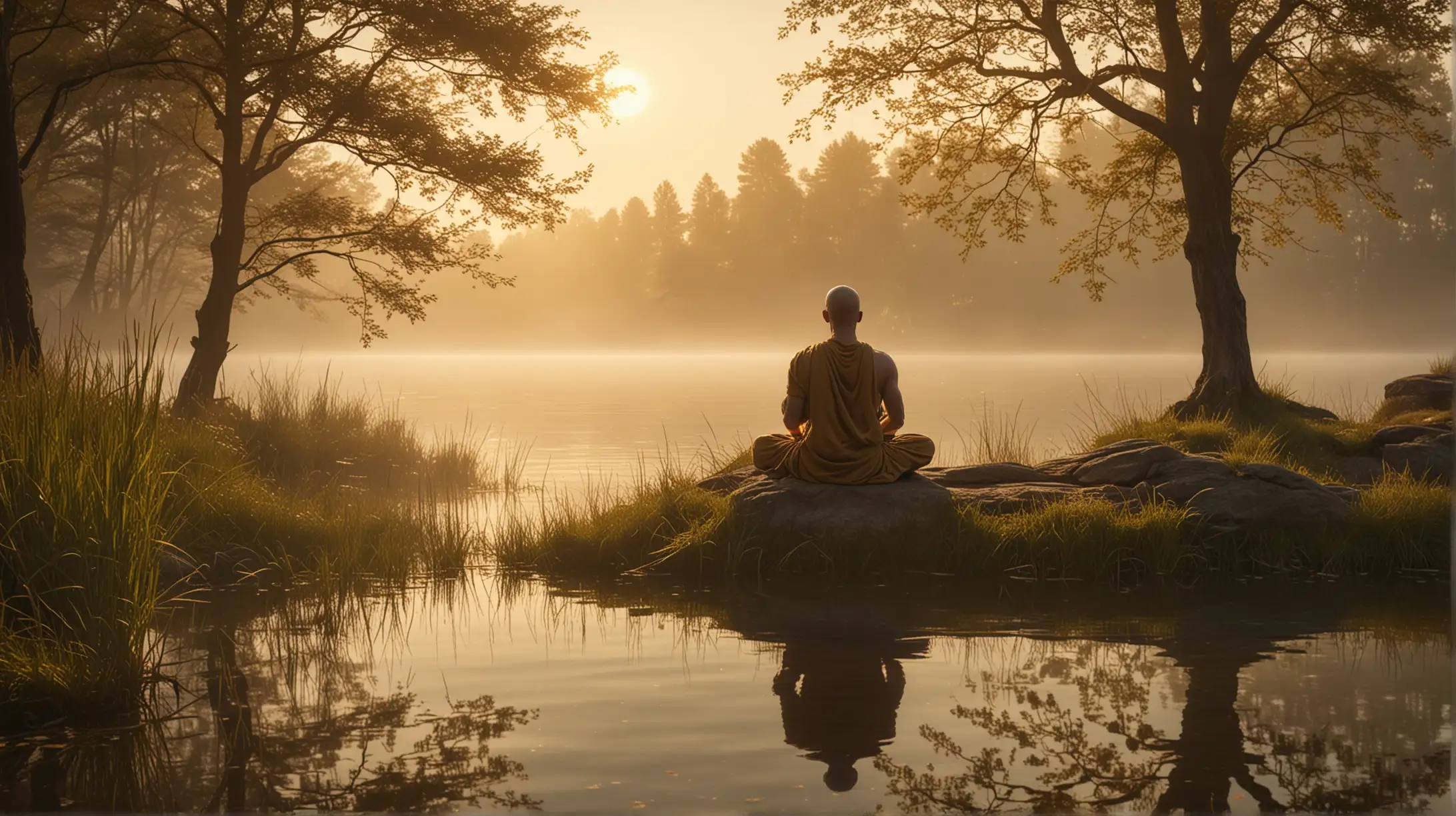 General Visualization: Visualize a stoic philosopher practicing meditation by a calm lakeside at dawn, symbolizing inner peace and self-reflection.
Image Description: The image depicts a lean, muscular stoic philosopher seated cross-legged on a grassy bank by a serene lake. The early morning sun casts a golden hue over the scene, highlighting the tranquil water and misty surroundings. The philosopher's eyes are closed in deep meditation, embodying the principles of mindfulness and introspection.