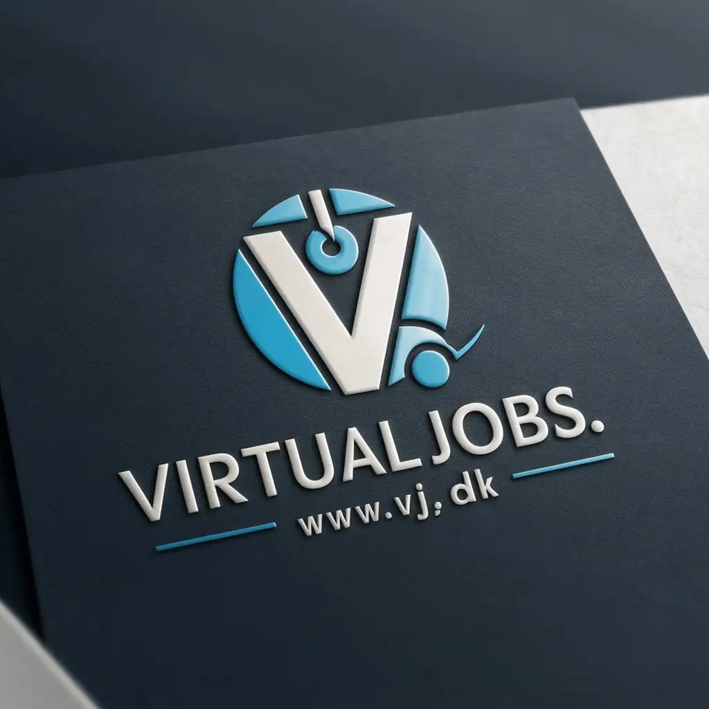 a logo design,with the text " The input appears to be a combination of English and what seems like a domain extension. I will repeat the English part verbatim and leave the non-English part unchanged. Here's the output:

VJ "Virtual Jobs" www.vj.dk", main symbol:this logo create a lettermark clean, Nordic style . preferred color blue and black . must be logo on white paper mockup,Moderate,clear background