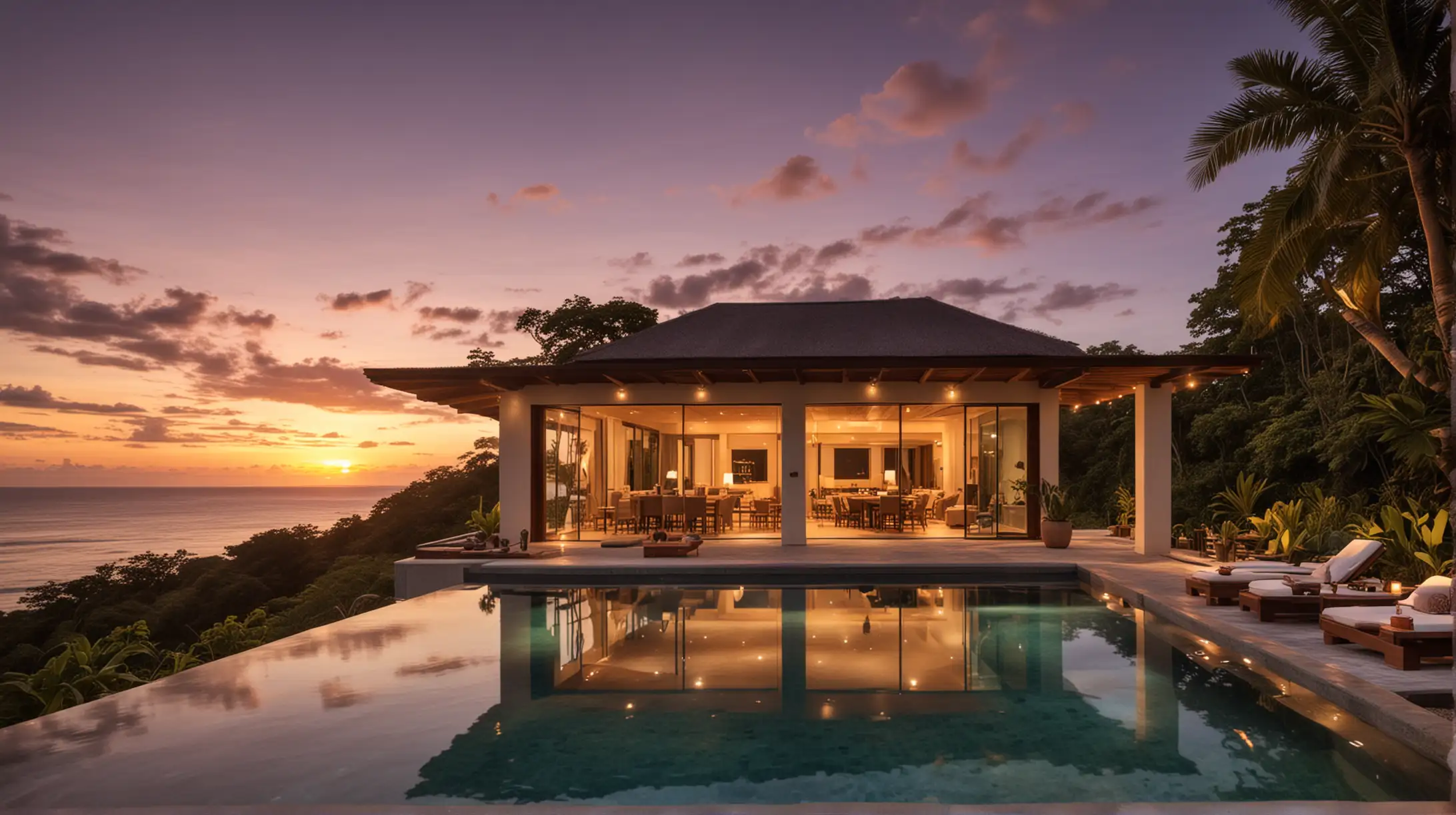 create an image of an oceanfront vacation home in Costa Rica with an infinity pool and outdoor living spaces with warm lighting at sunset
