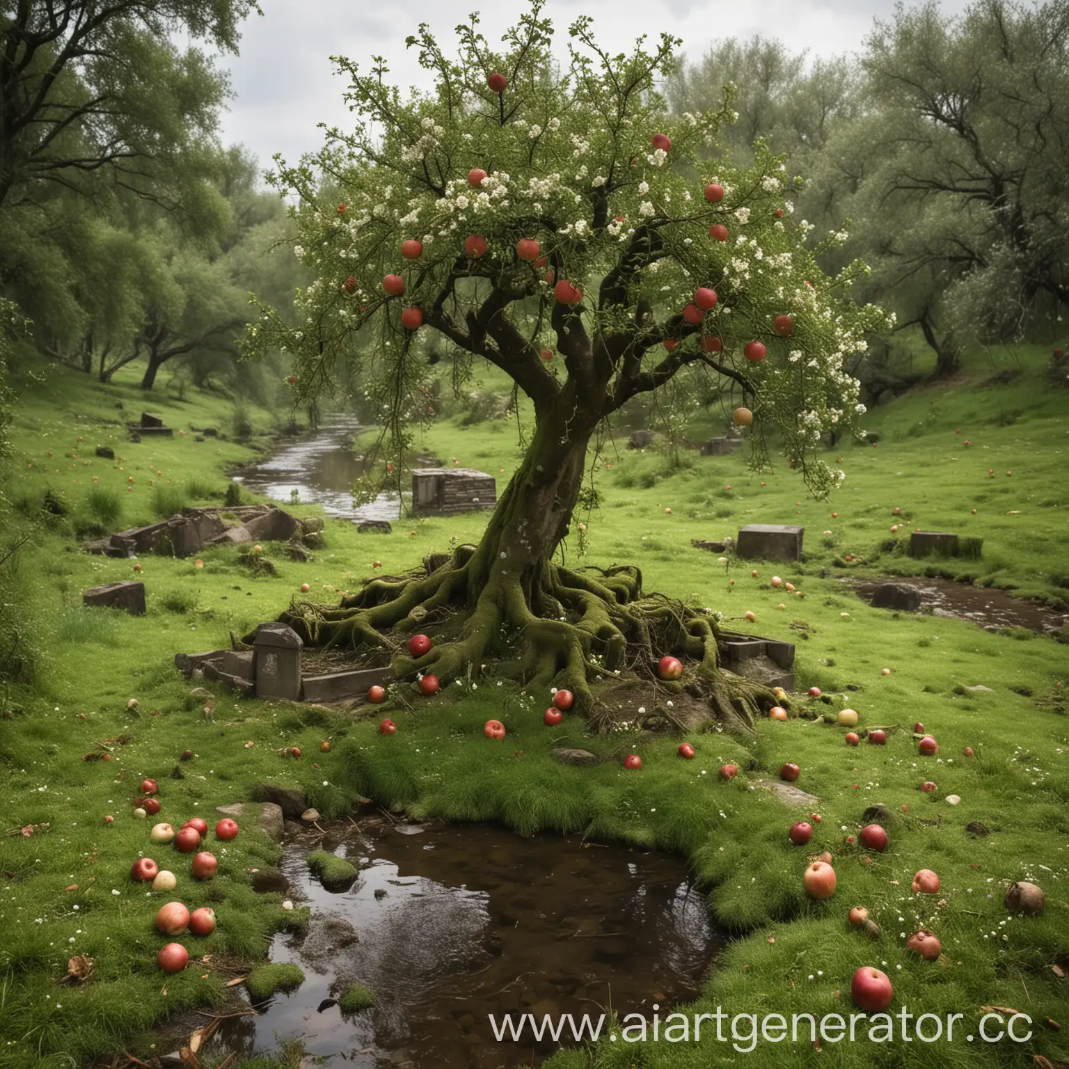 Пустошь, река, на её берегу цветёт высокая яблоня, под яблоней надгробие заросшее мхом