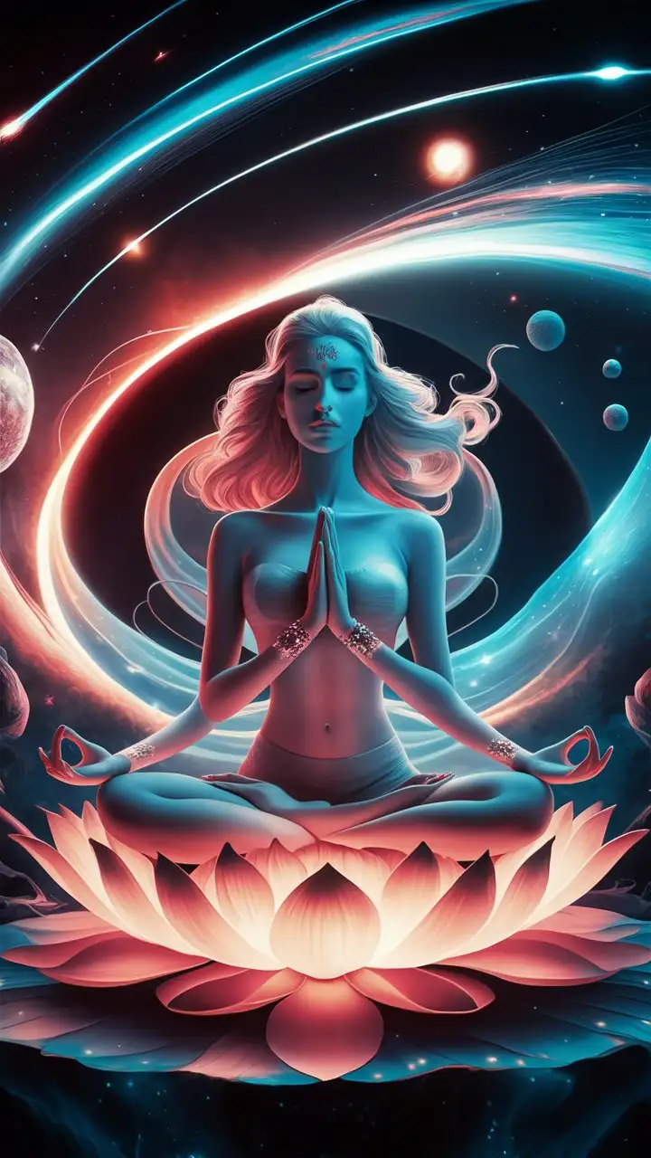 A woman meditating in a cosmos environment. 


