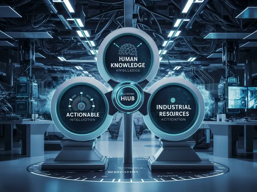 a workshop header image for technical language processing, this is the combination of human knowledge and AI processing and industrial resources, three wheels working together to provide actionable intelligence 