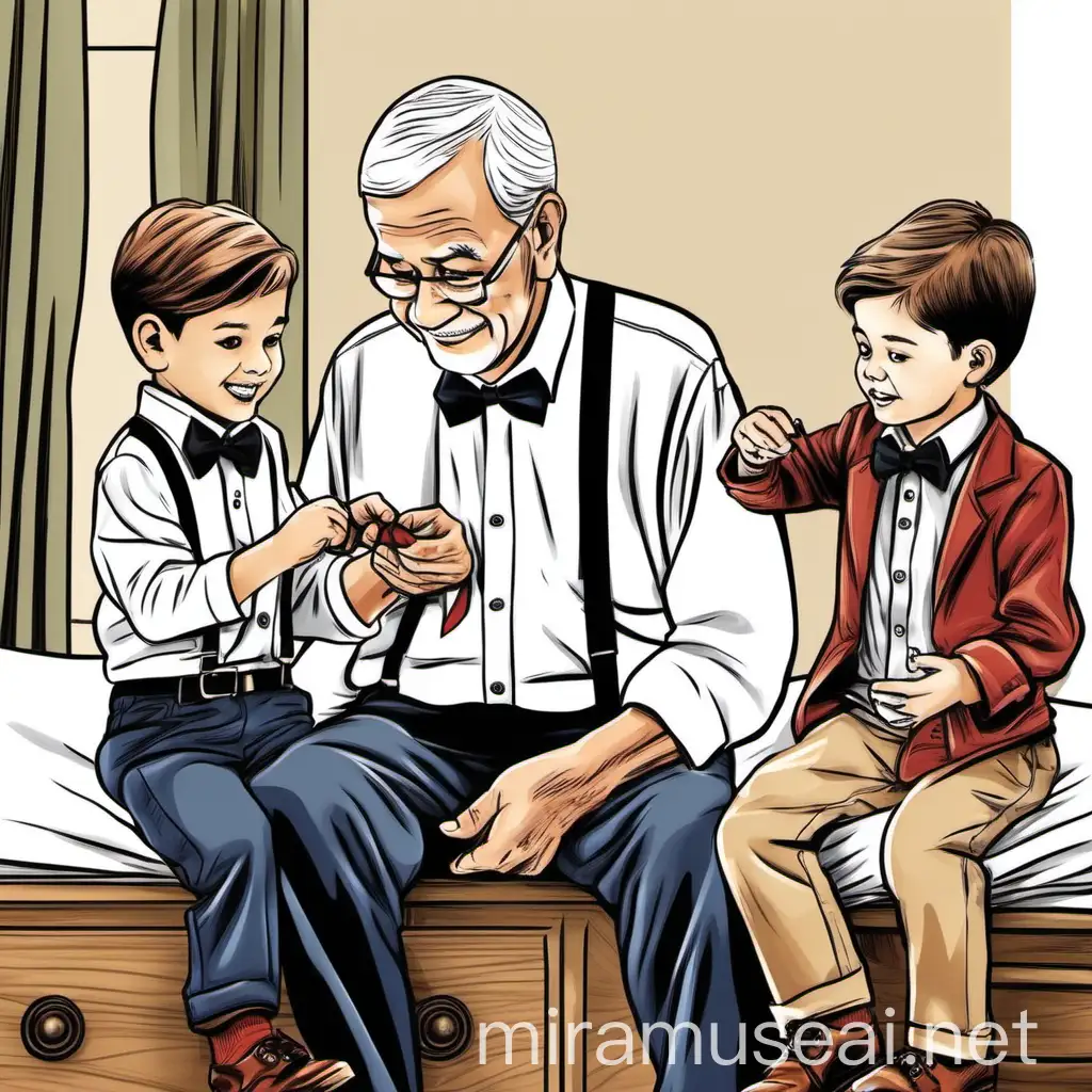 The grandfather sitting on the bed with the grandson and the grandson helping grandfather tie his bowtie. There can be several other bowties sitting on the dresser.illustration 