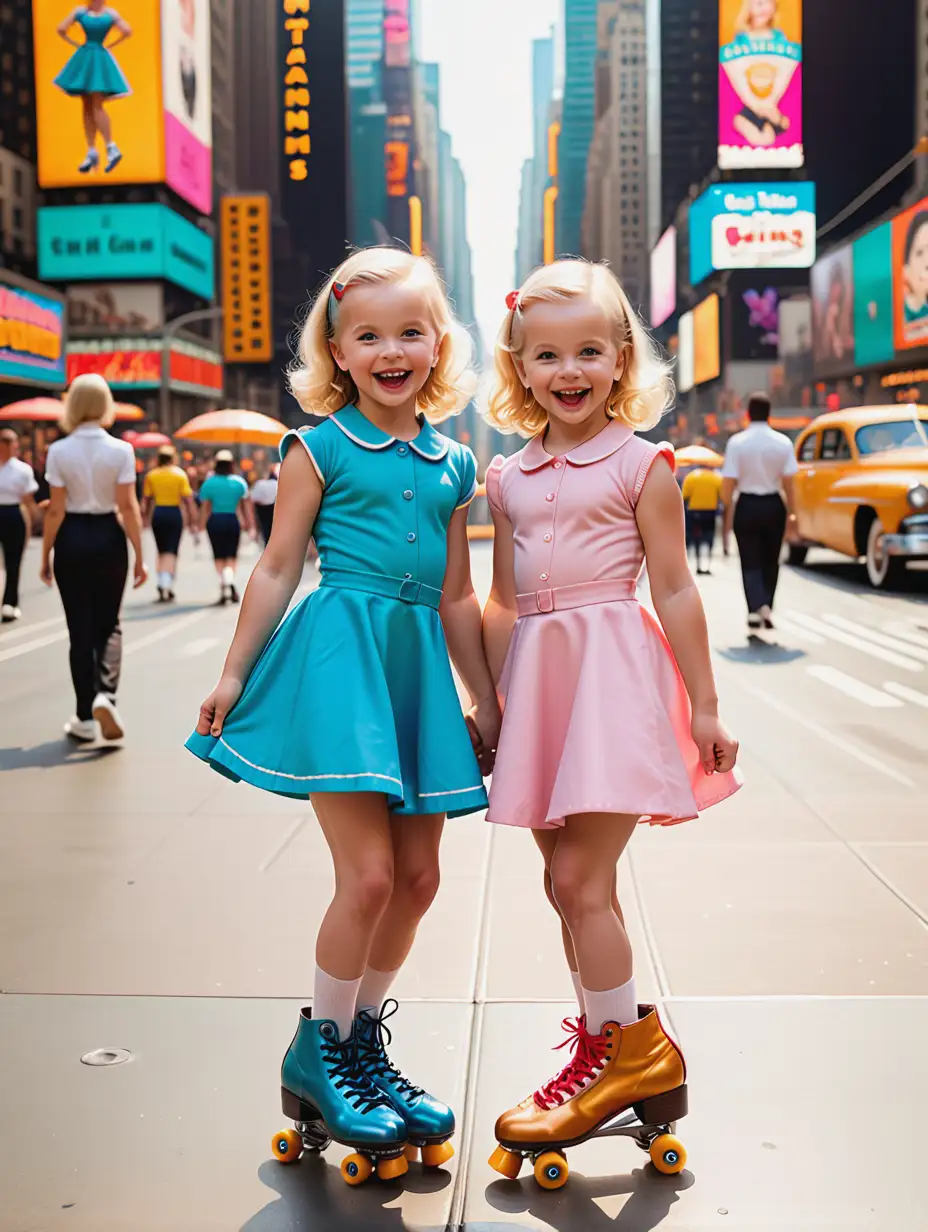Make me an image retro, vintage 1950s style of 2 little blond e twin girls with blue eyes, full body. They are laughing having fun and looking straight into the camera lens. They have really fun and it are very funny twins who are rollerskating in a complete empty New York Times Square. There are no cars and no people on times square