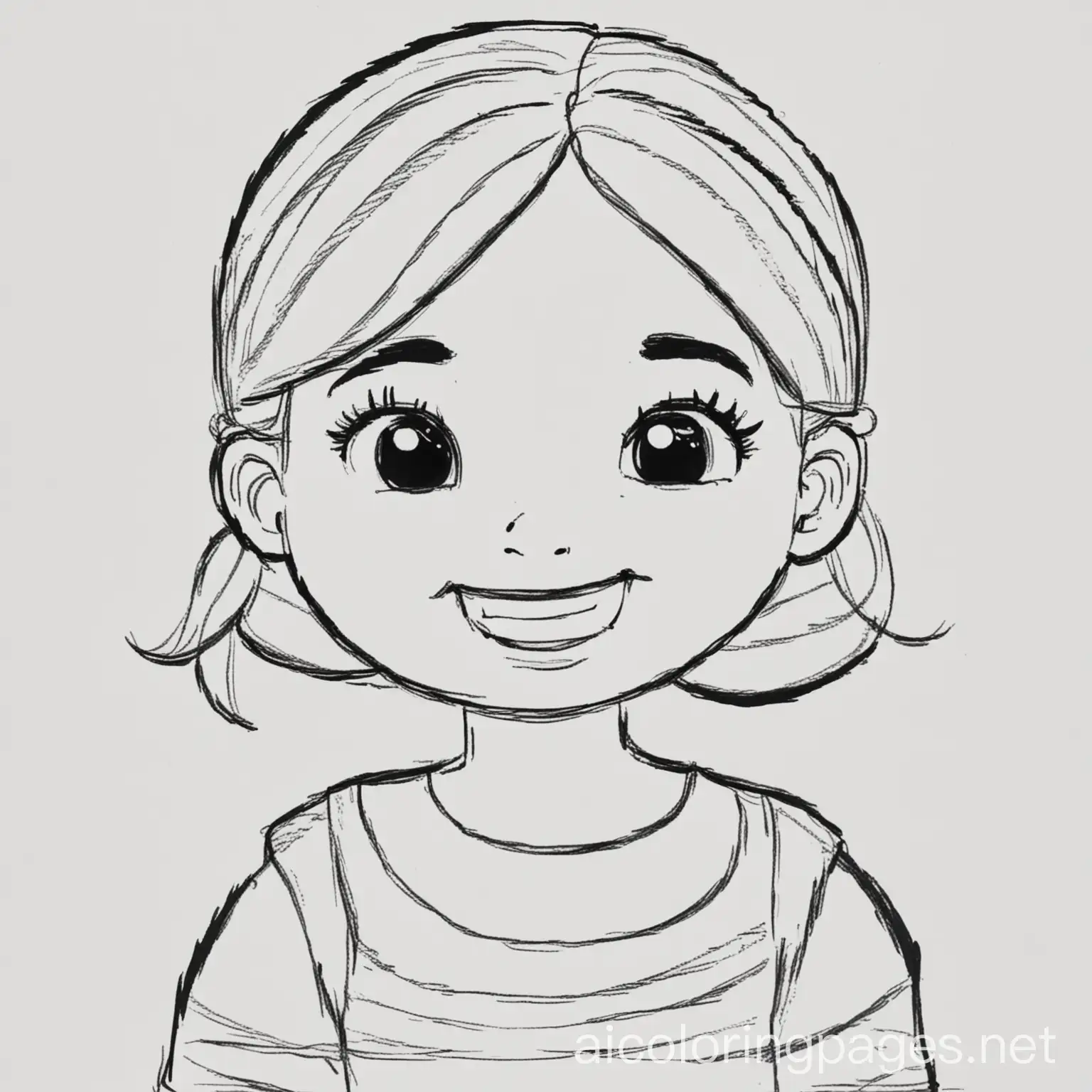 A picture of a happy little girl for a colouring page, Coloring Page, black and white, line art, white background, Simplicity, Ample White Space. The background of the coloring page is plain white to make it easy for young children to color within the lines. The outlines of all the subjects are easy to distinguish, making it simple for kids to color without too much difficulty