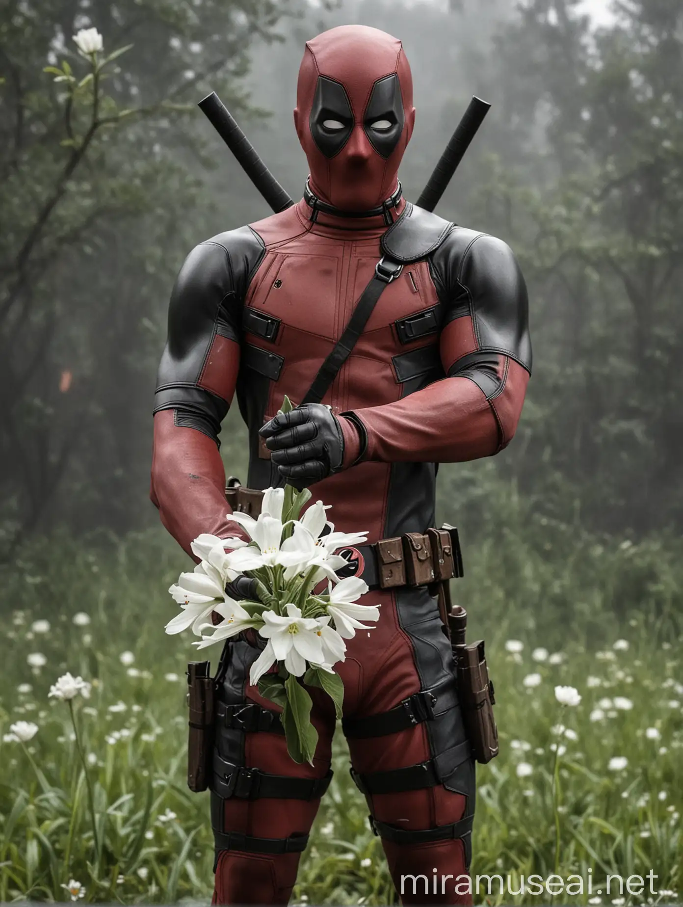 Deadpool holding a white flower