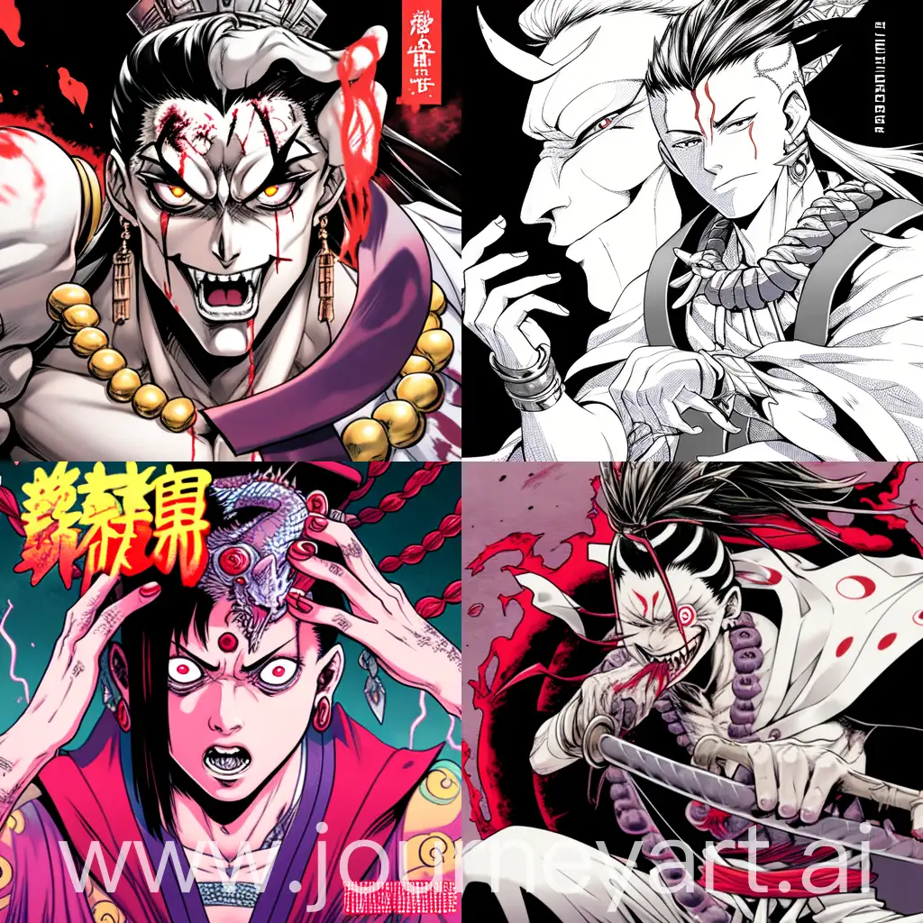 Manga villain, a man with almost pale skin, the expression of a psychopath on his face, bandages on his head, with strands of hair showing, paint around his eyes that goes from his forehead to his cheeks, showing a huge tongue, wearing a qipao, his name is Freecs who is a King Devil, manga style,