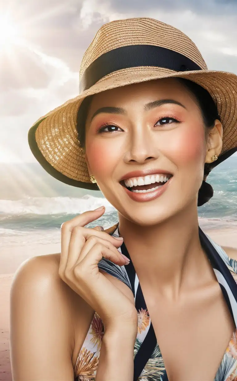 Portrait of  Chinese woman  ,30 yo,makeup，laughing，in a hat, summer outfit, with light red powder blusher, in a close up shot, with sunlight, outdoors, in soft light, with a beach background, looking at the camera, with high resolution photography, in the style of Hasselblad X2D50c