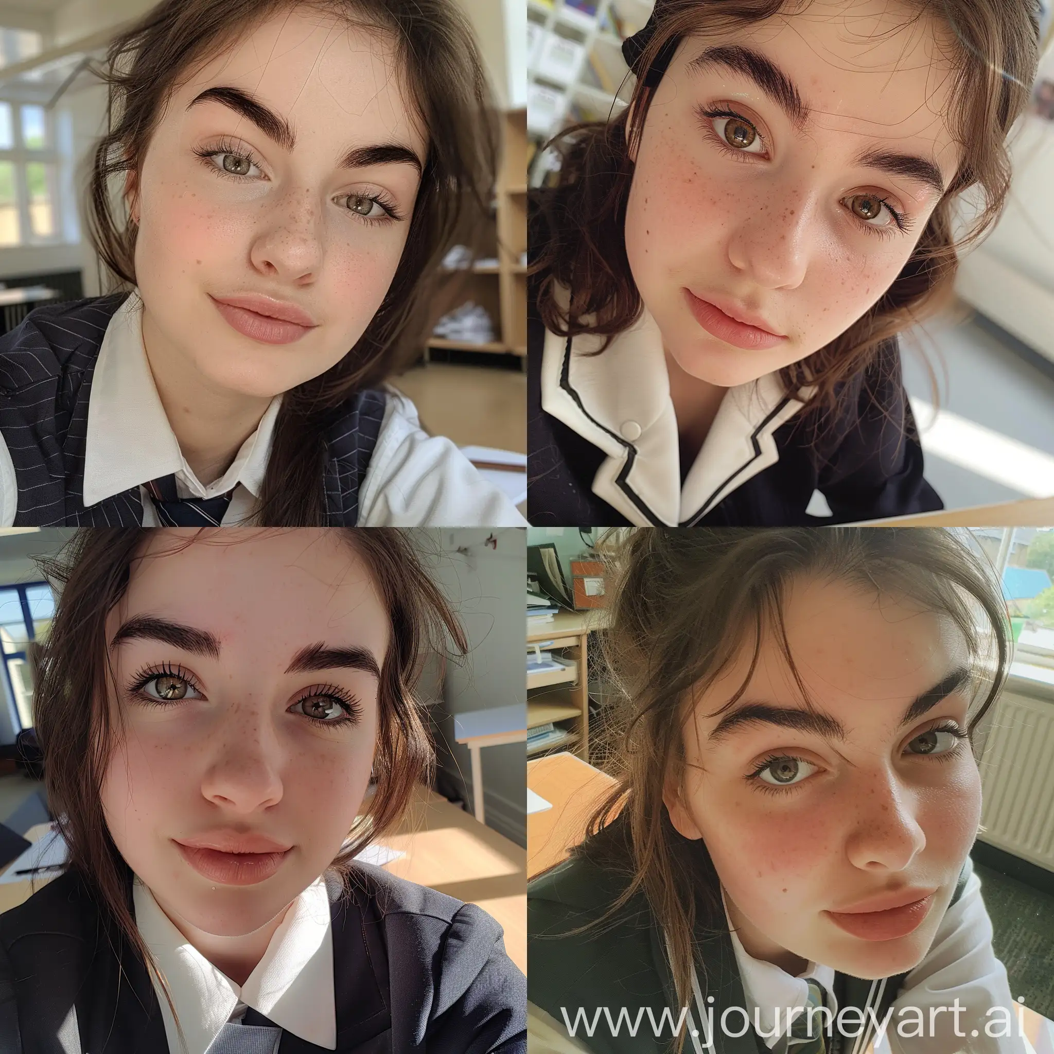 British-Schoolgirl-Taking-Selfie-at-Desk-with-Instagram-Filter