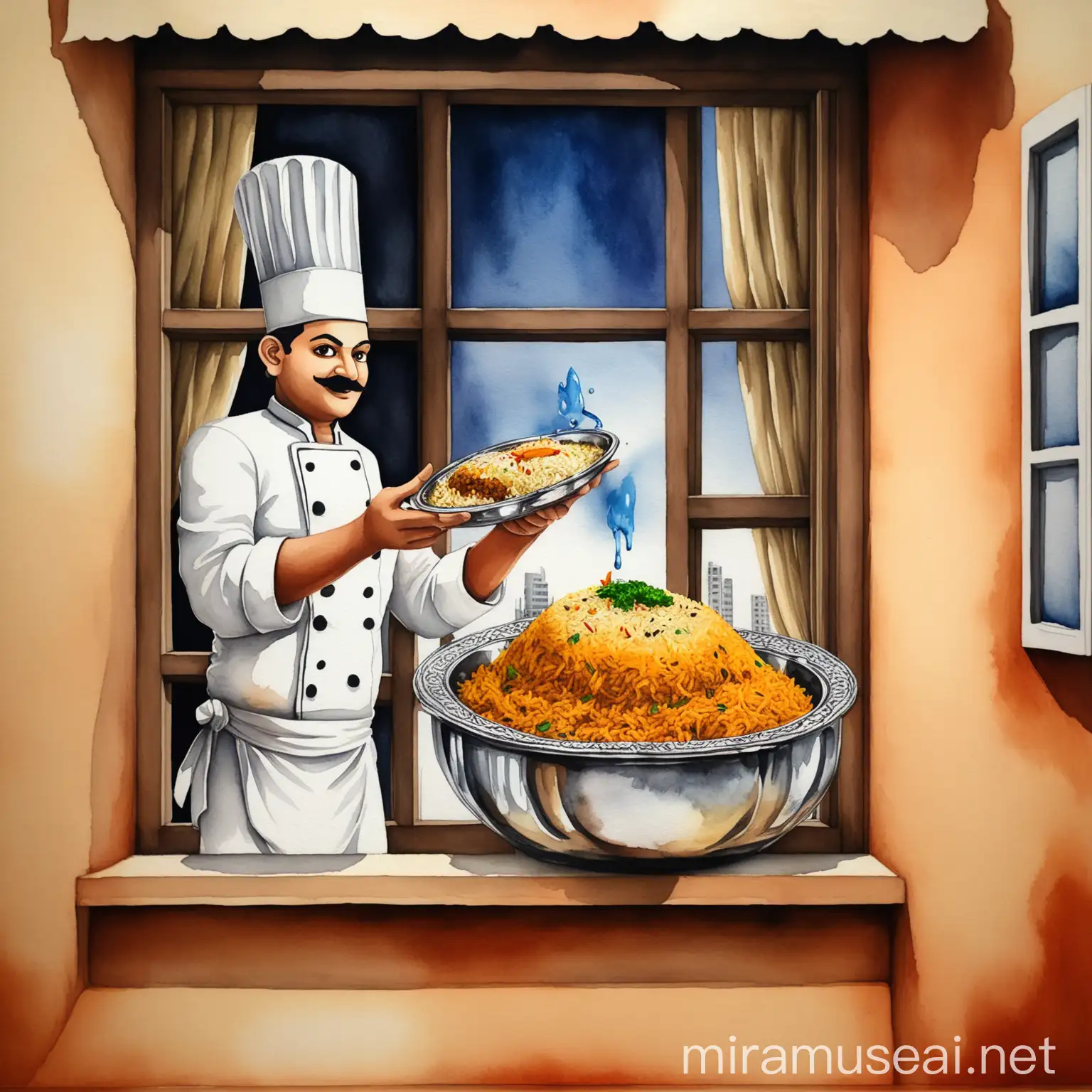 3d chef serving biryani from window water colour paintings
