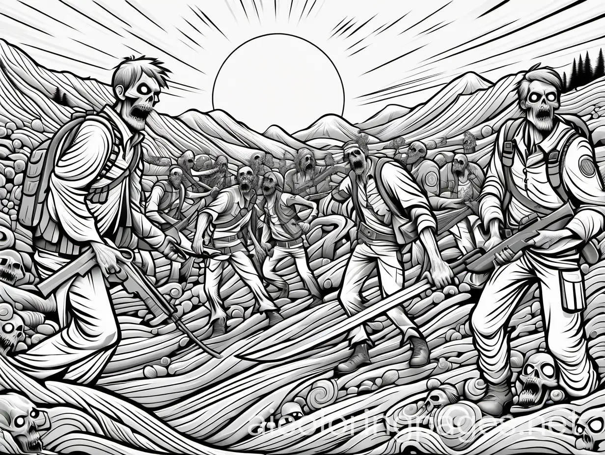zombie apocalypse, Coloring Page, black and white, line art, white background, Simplicity, Ample White Space. The background of the coloring page is plain white to make it easy for young children to color within the lines. The outlines of all the subjects are easy to distinguish, making it simple for kids to color without too much difficulty