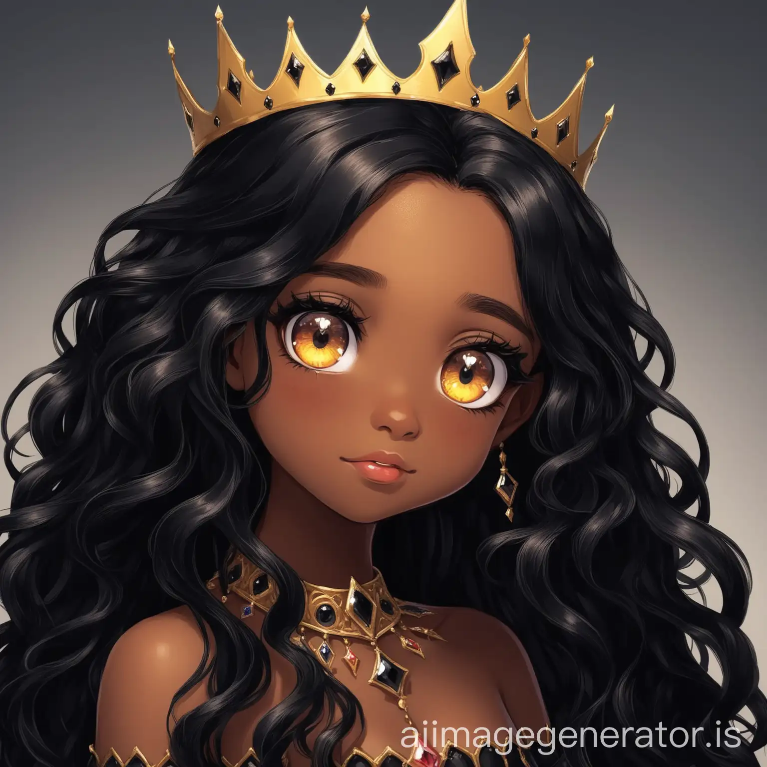 Cute black Queen who is 22 age with hazel eyes and long wavy black hair.