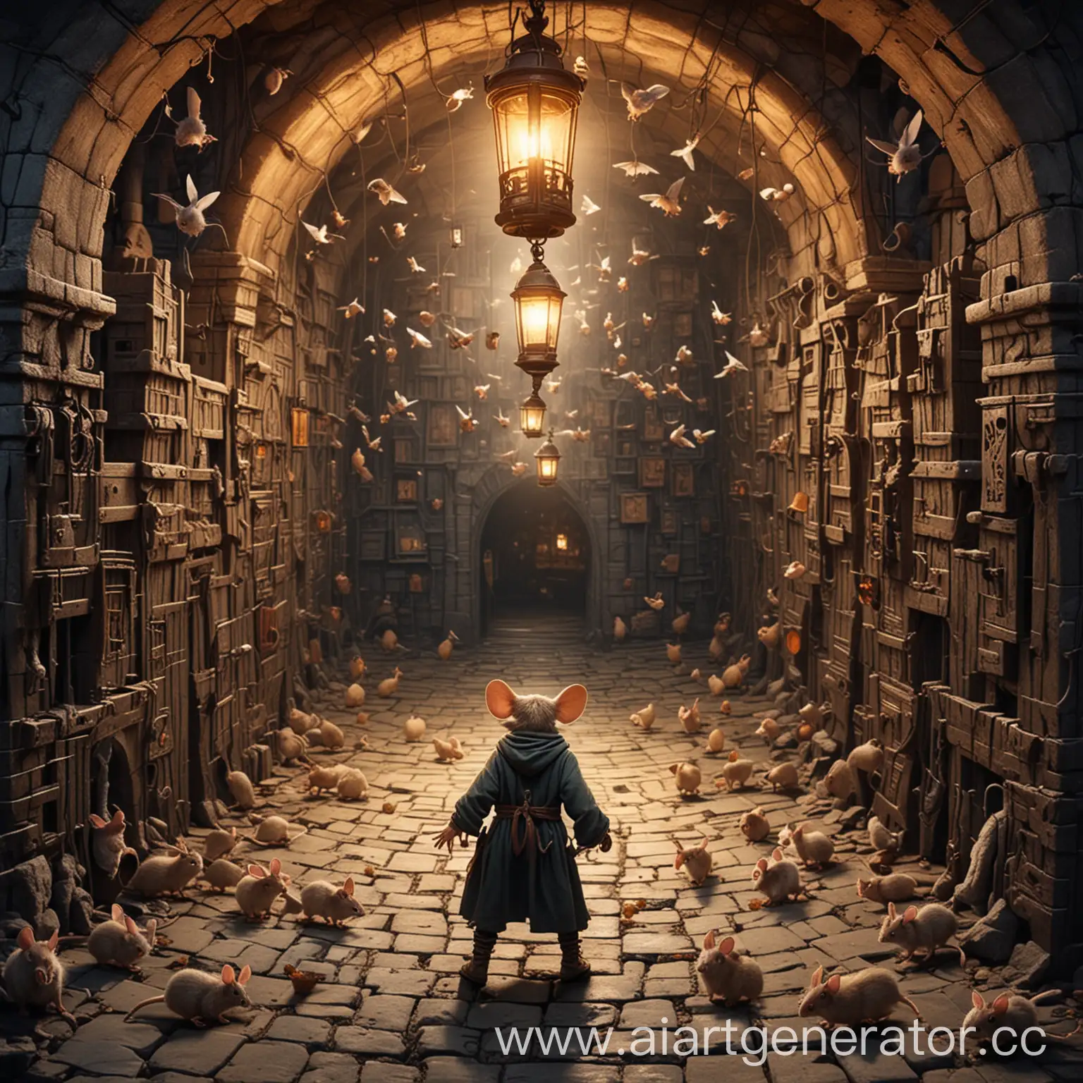 Exploring-a-Mystical-Labyrinth-Dungeon-with-Hovering-Mice-and-a-LanternBearing-Adventurer