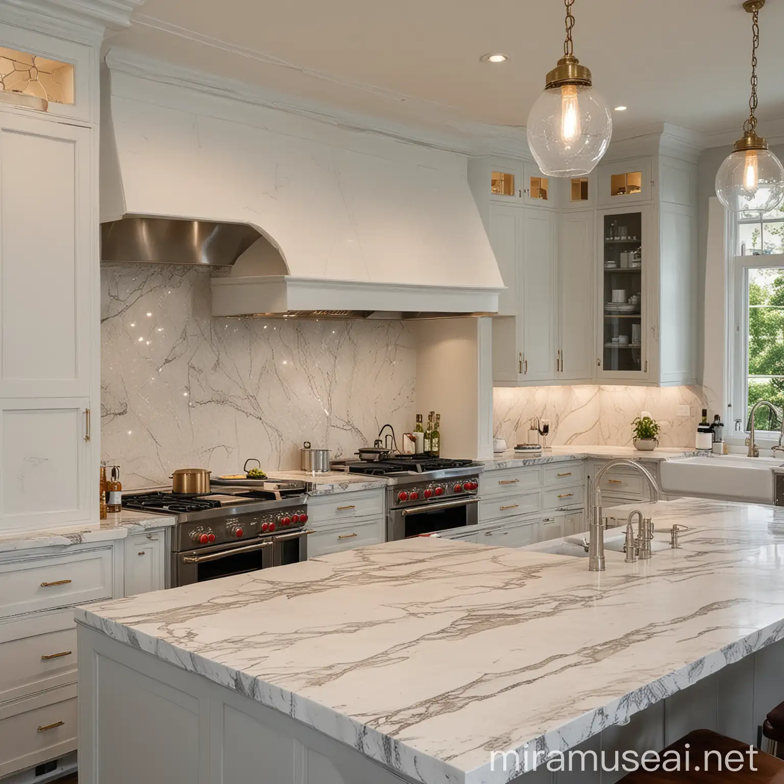 Luxury Vintage Modern Kitchen with Quartzite Countertops and Inset Cabinets