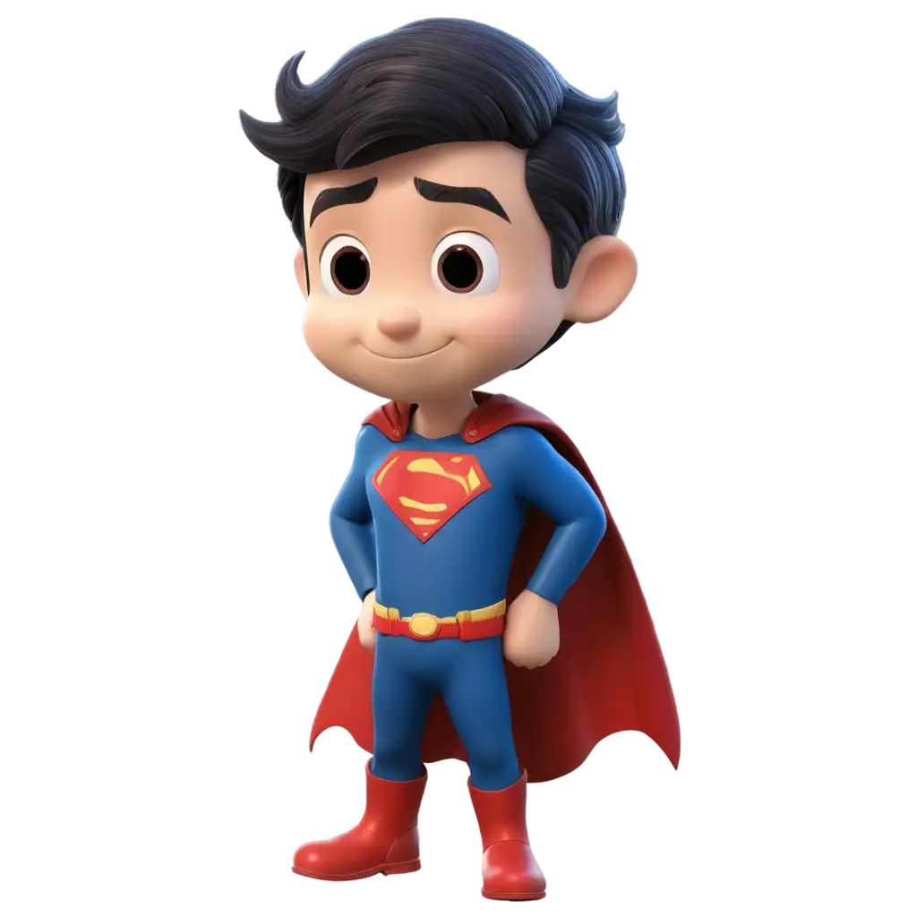 cute 3d superman standing, smiling, handsome,natural, black hair, blue costume,red boot