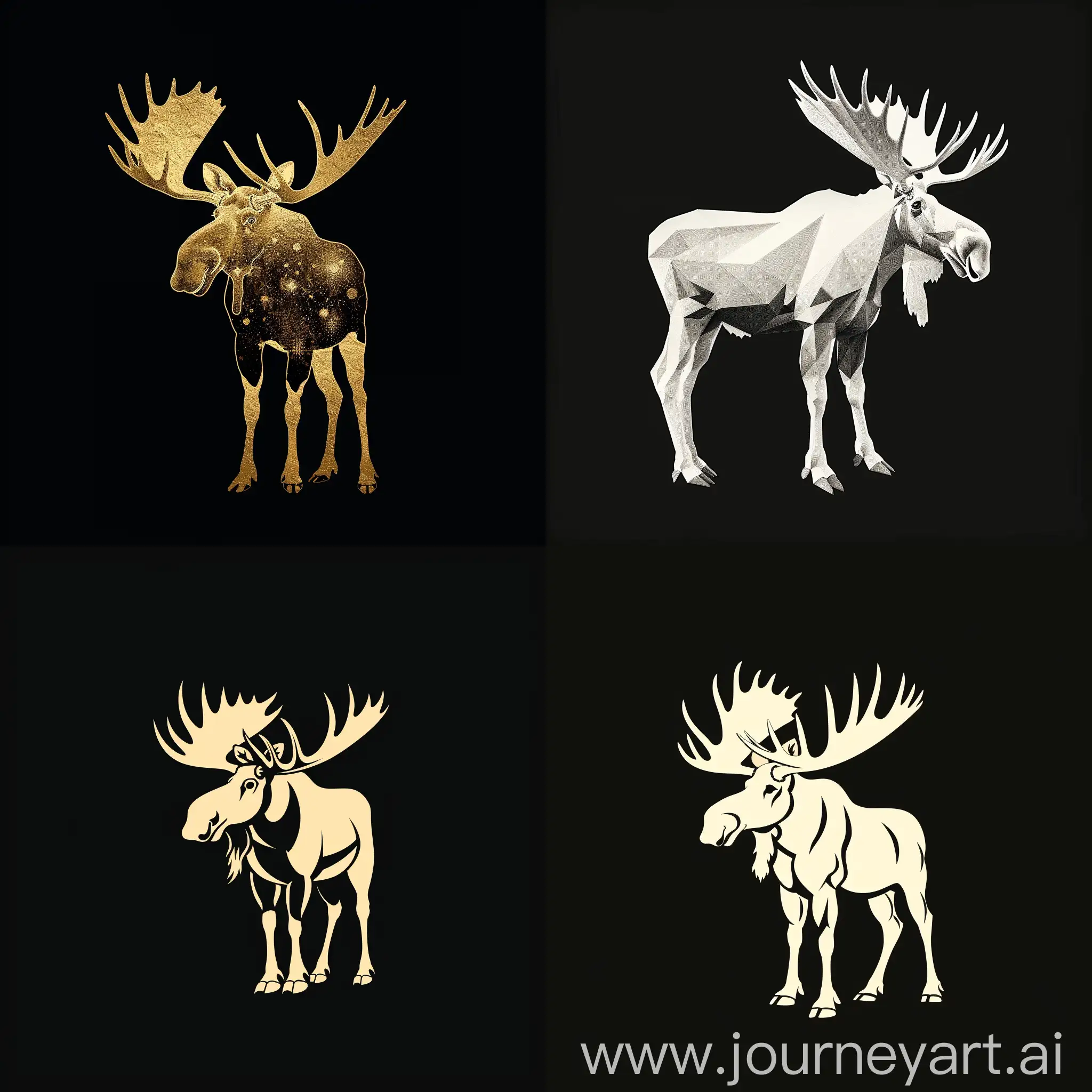 Logo White moose in minimalism style, golden age era, fractal, silhouette, --s 200