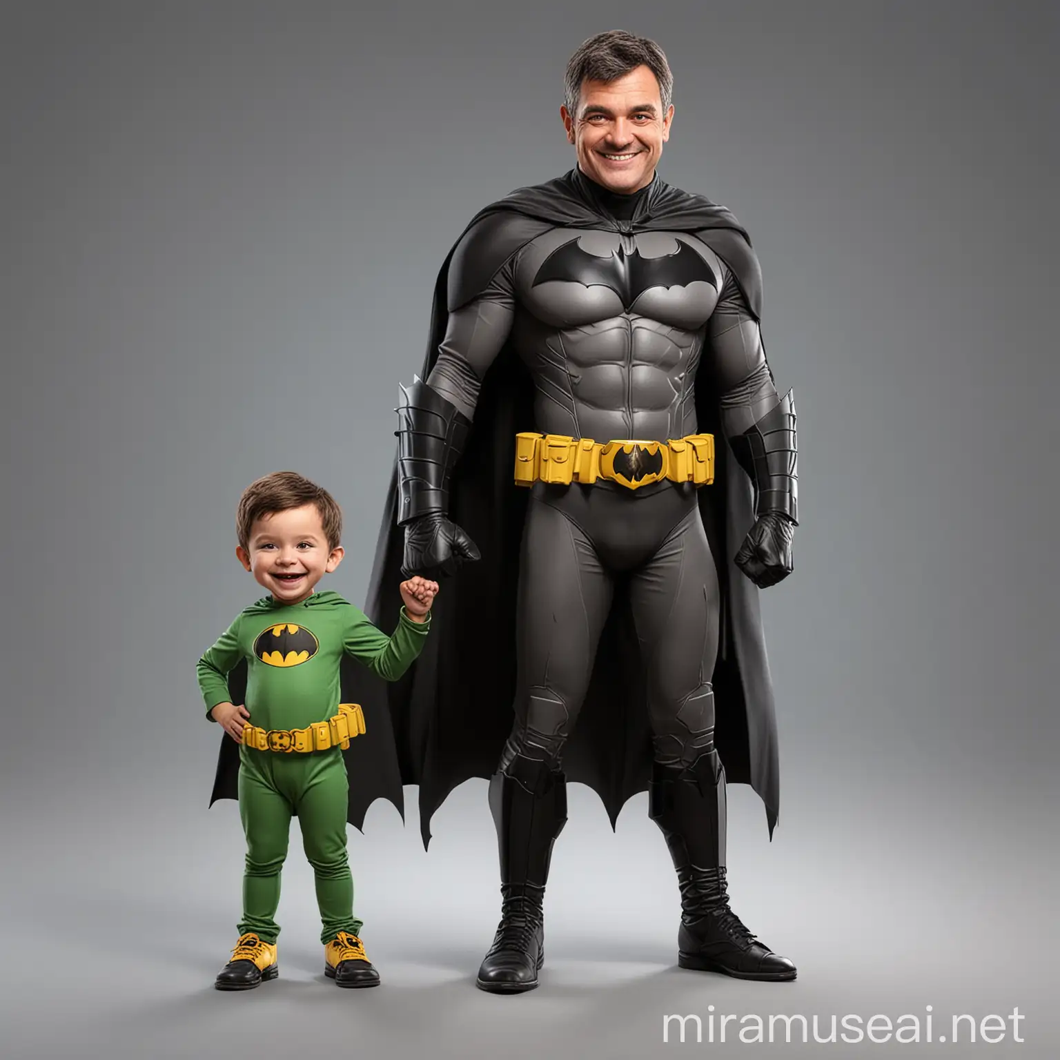 Realistic 4D Caricature Adult Man as Batman and Child as Robin Smiling in Full Body Costumes