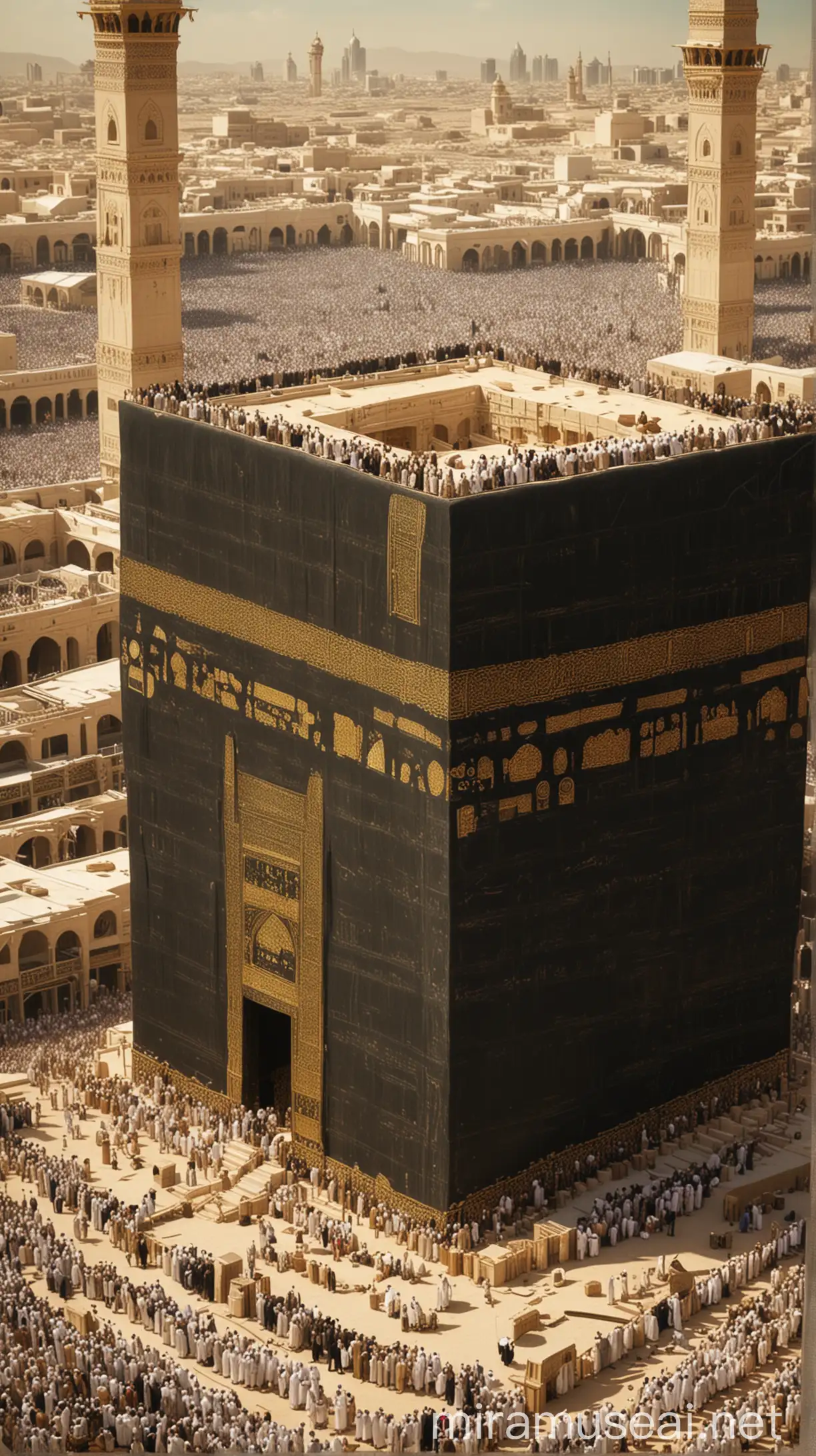 The Sacred Construction: Illustrate Prophet Adam (AS) building the Kaaba as the first house of worship, guided by Allah's divine instruction. Show Adam laying the foundation stones with reverence and devotion.islamic tradition
