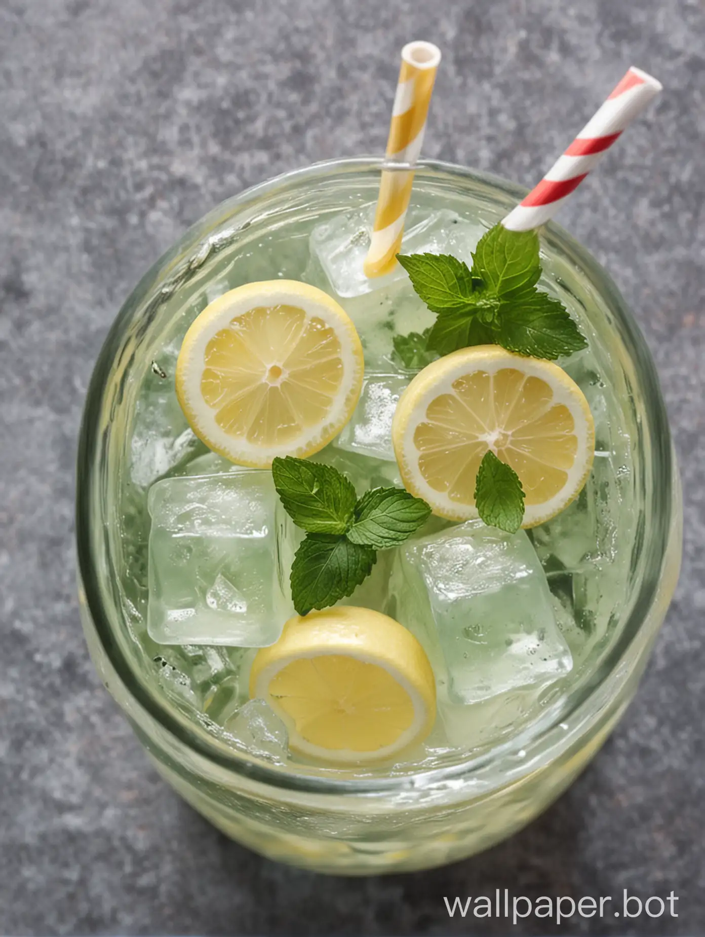 лимонад с мятой кубиками льда в стеклянном
стакане с трубочкой вид сверху
