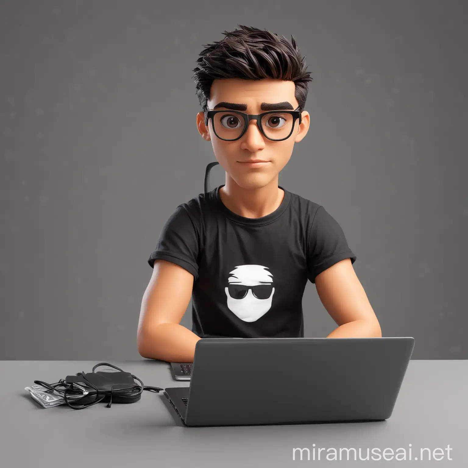 Cartoon Student Programmer Avatar with Laptop on Light Gray Background