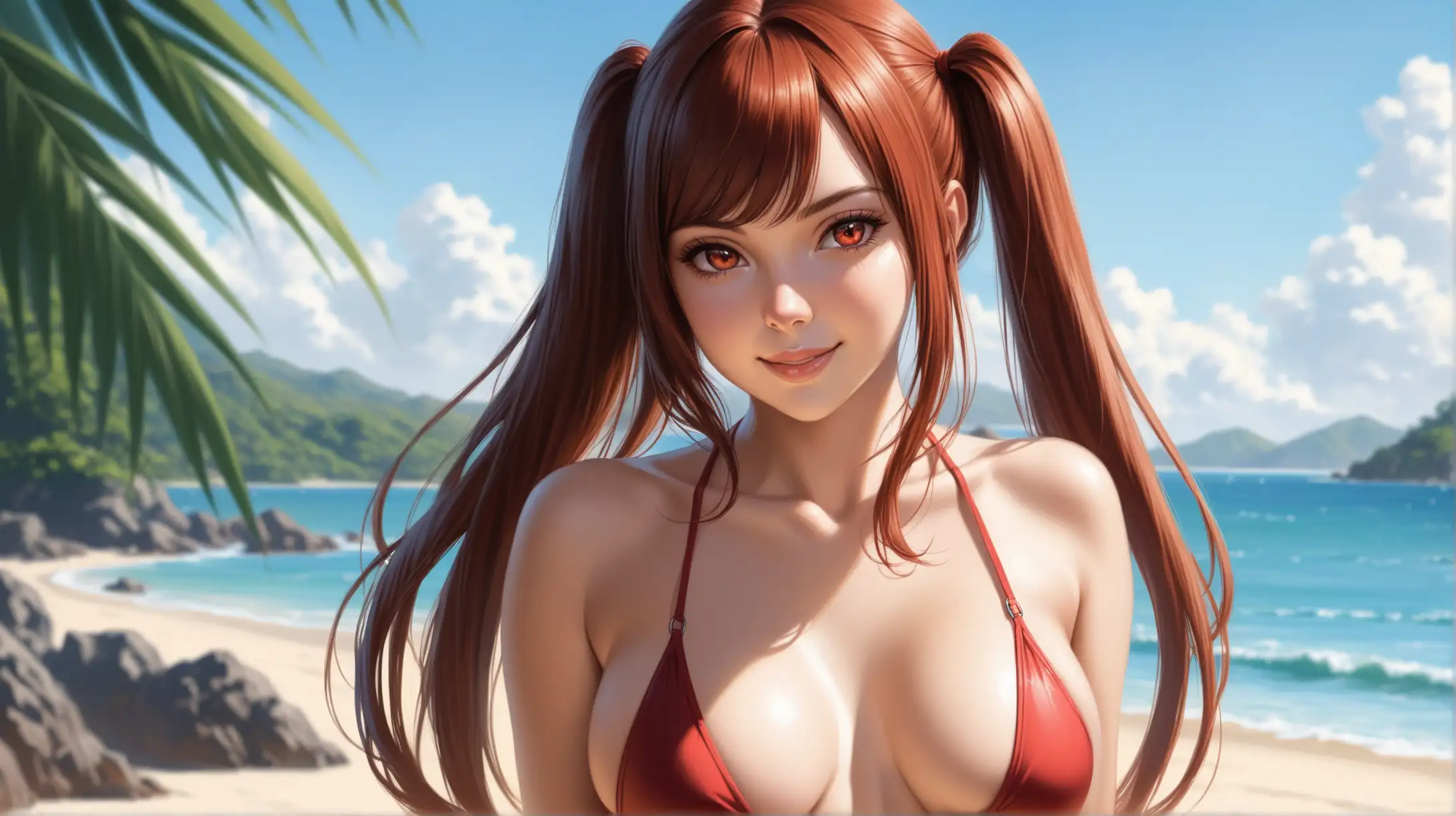 Draw a woman, very long reddish-brown hair, two parted twin tails, side locks, side-swept bangs, scarlet eyes, perky body, high quality, realistic, accurate, detailed, long shot, natural lighting, outdoors, seductive pose, swimsuit, smiling at the viewer