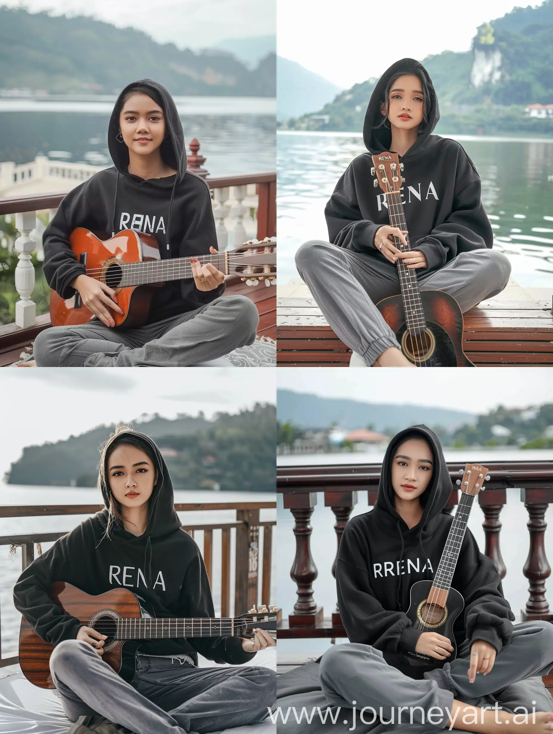 Young-Indonesian-Woman-in-Black-Hoodie-Playing-Guitar-by-the-Lake