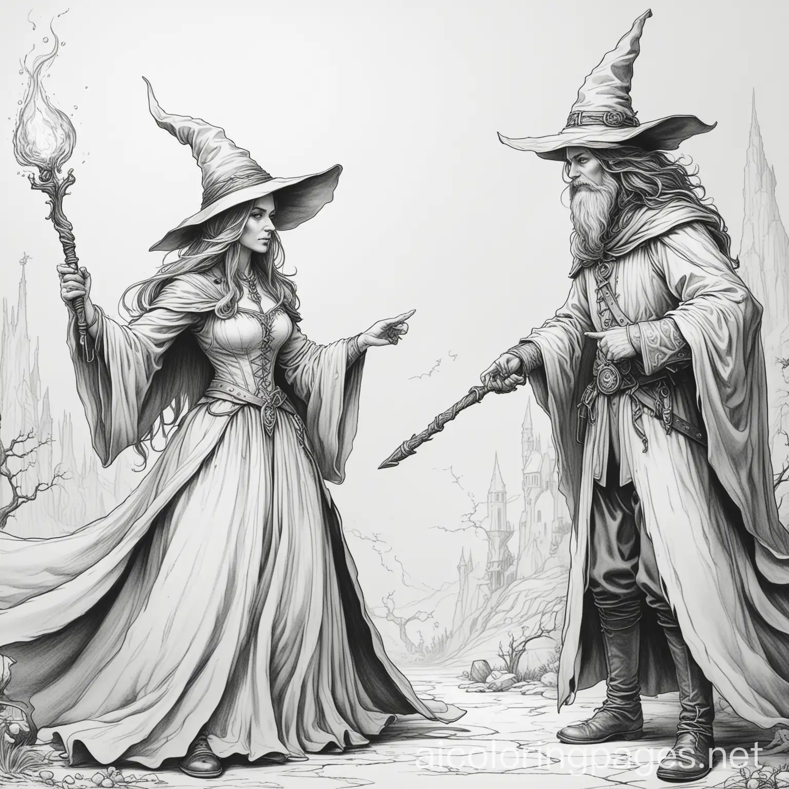 A witch and a wizard dueling with magic, Coloring Page, black and white, line art, white background, Simplicity, Ample White Space