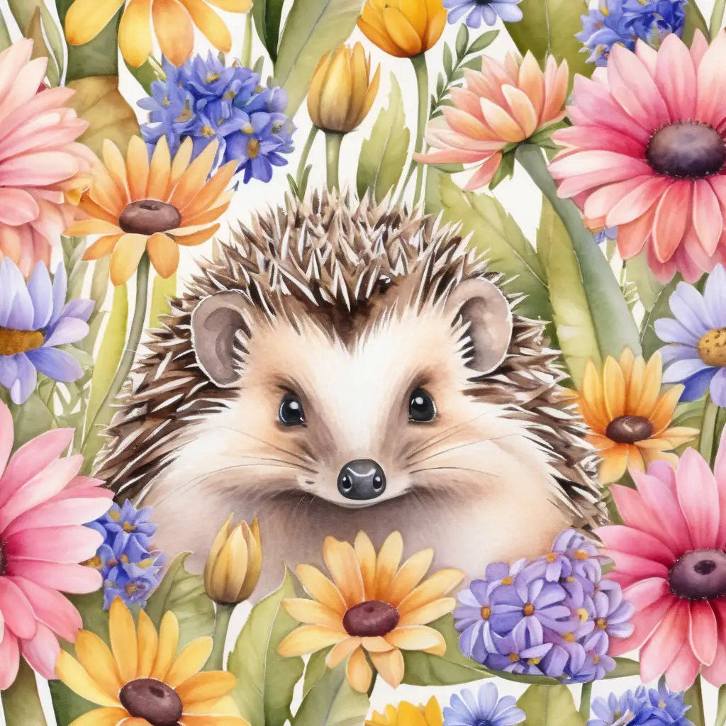 Curious Hedgehog Amidst Vibrant Watercolor Flowers