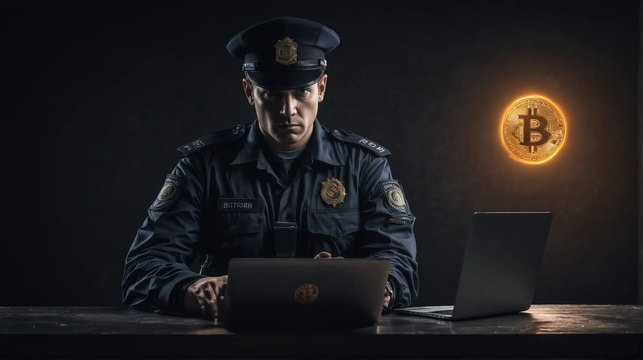 a policeman in a dark environment sitting in front of a laptop holding a bitcoin