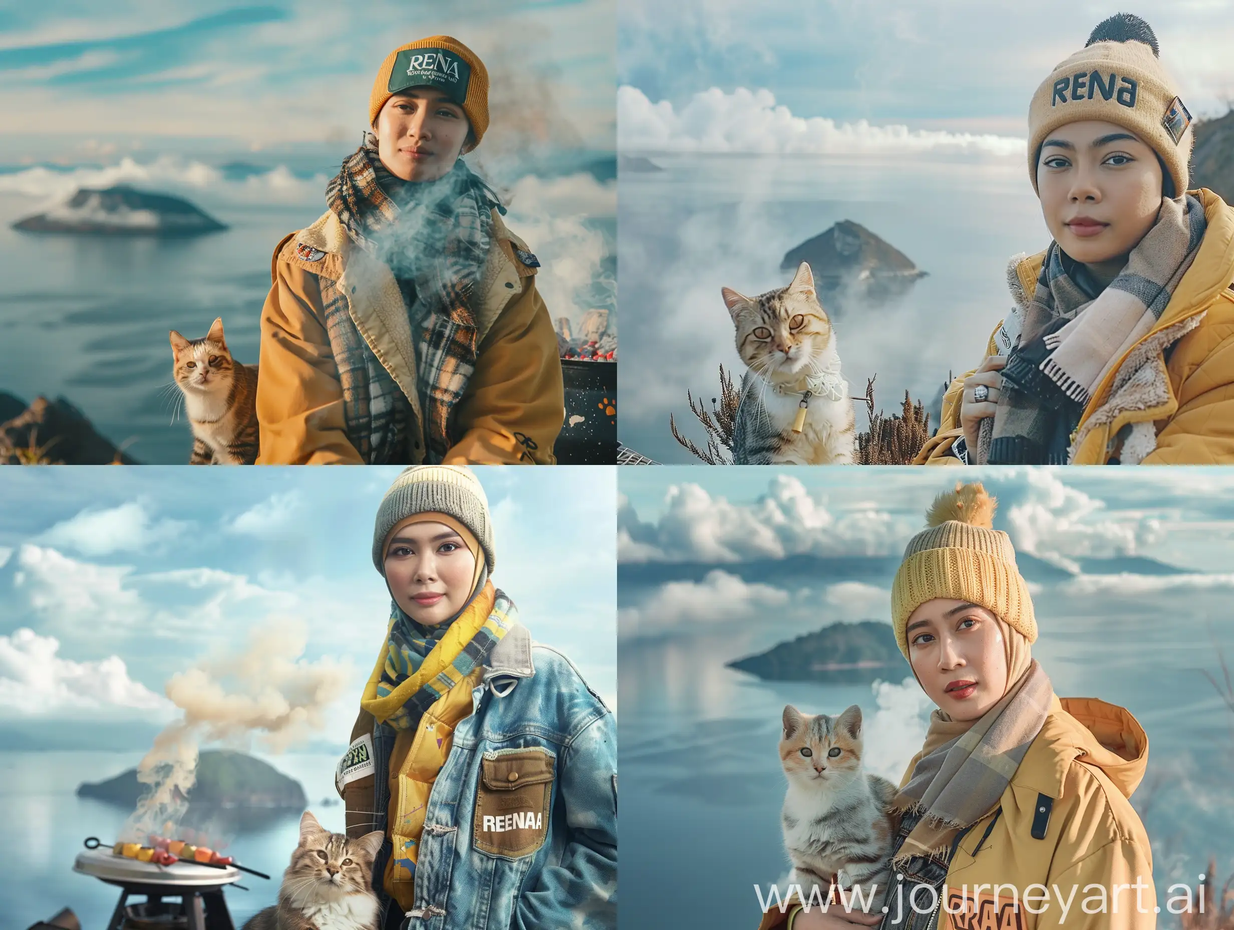 A beautiful 25 year old Indonesian woman wearing a hijab wearing a trucker jacket with a scarf and a beanie hat that says RENA. the woman was with a cute cat wearing a yellow outer jacket. the woman was grilling skewers on the top of the mountain. The skewers were placed on a charcoal grill. The smoke from the barbecue was increasing. Behind him was a calm sea, with a small island in the distance and clouds and mist in the sky