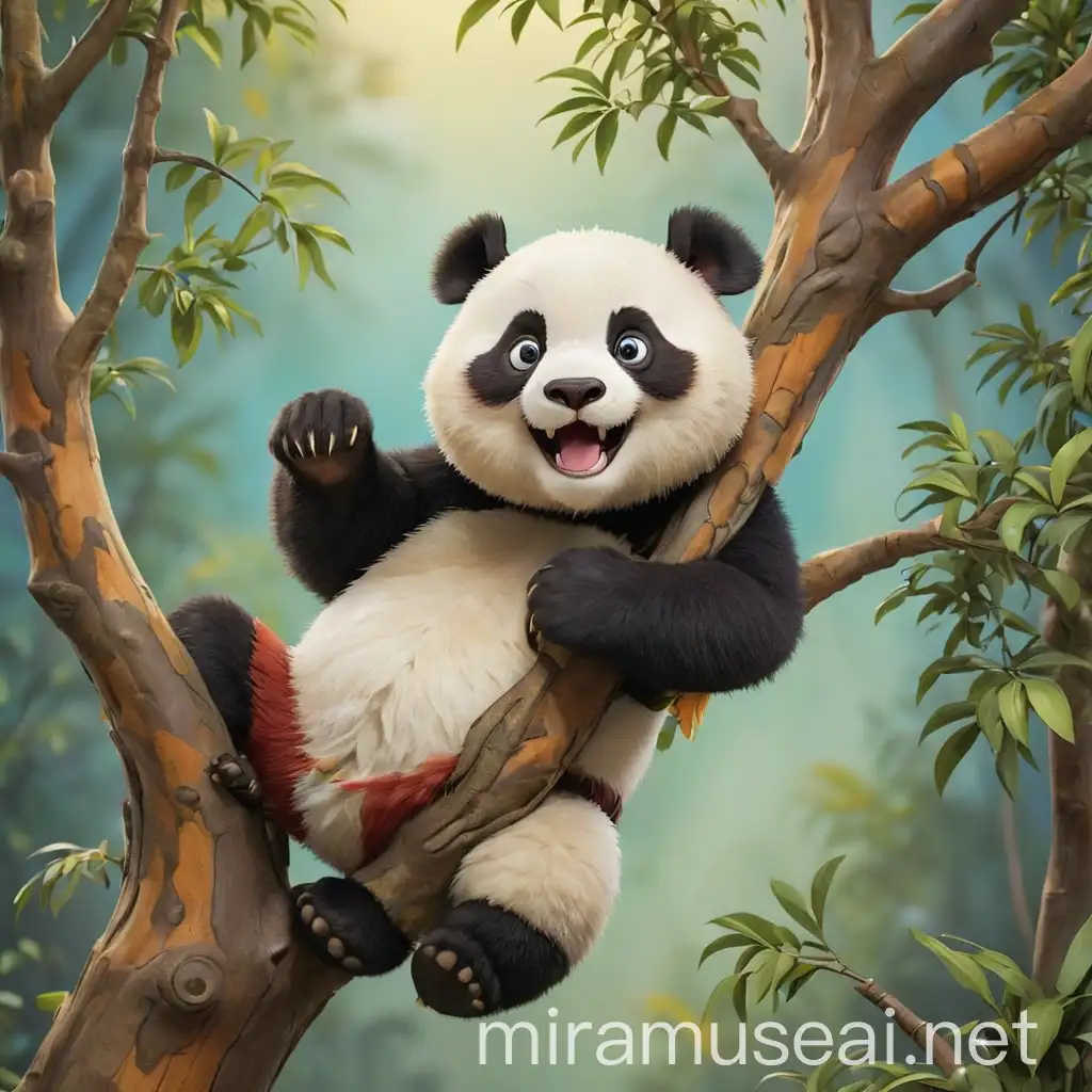 Cheerful Panda Climbing on Vibrant Tree with Multicolored Background