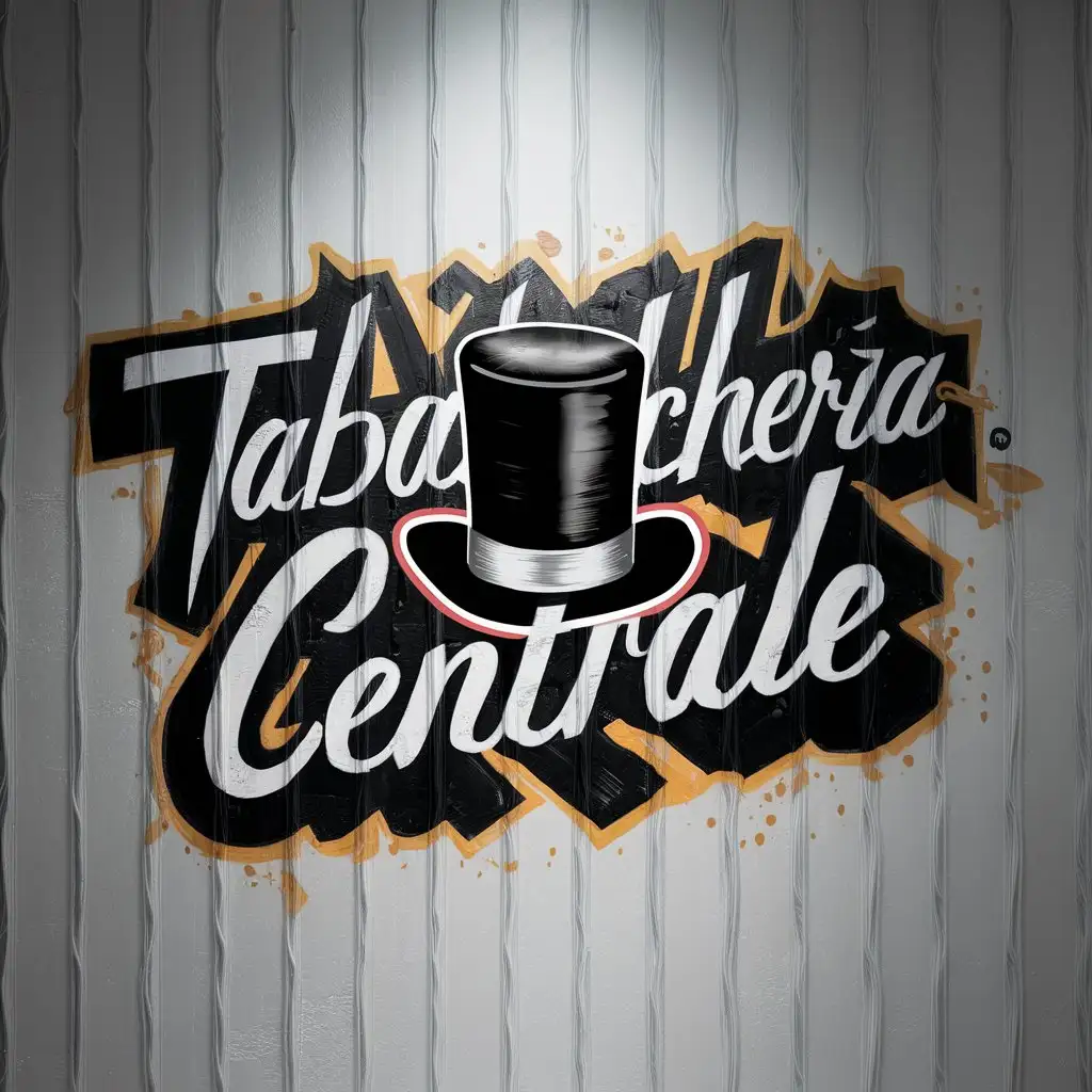 a circular logo. Graffiti style text "Tabaccheria Centrale" with a black top hat on it. White wallpaper.