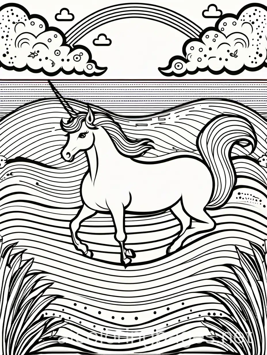 coloring pages for kids, three unicorns playing at the beach, simple kids coloring book, less detail, in the style of Simple drawing, Rounded Lines, No Shading, Coloring Page, black and white, line art, white background,  The background of the coloring page is plain white., Coloring Page, black and white, line art, white background, Simplicity, Ample White Space. The background of the coloring page is plain white to make it easy for young children to color within the lines. The outlines of all the subjects are easy to distinguish, making it simple for kids to color without too much difficulty