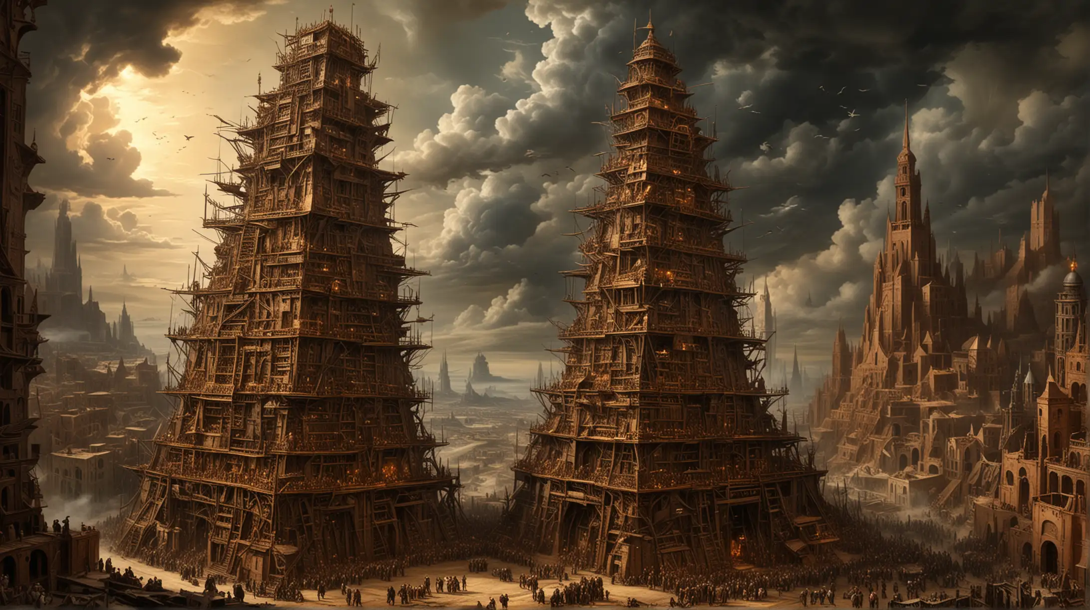 the steampunk tower of babel similar to peter breugel's paint, copper, brass, gold, steel