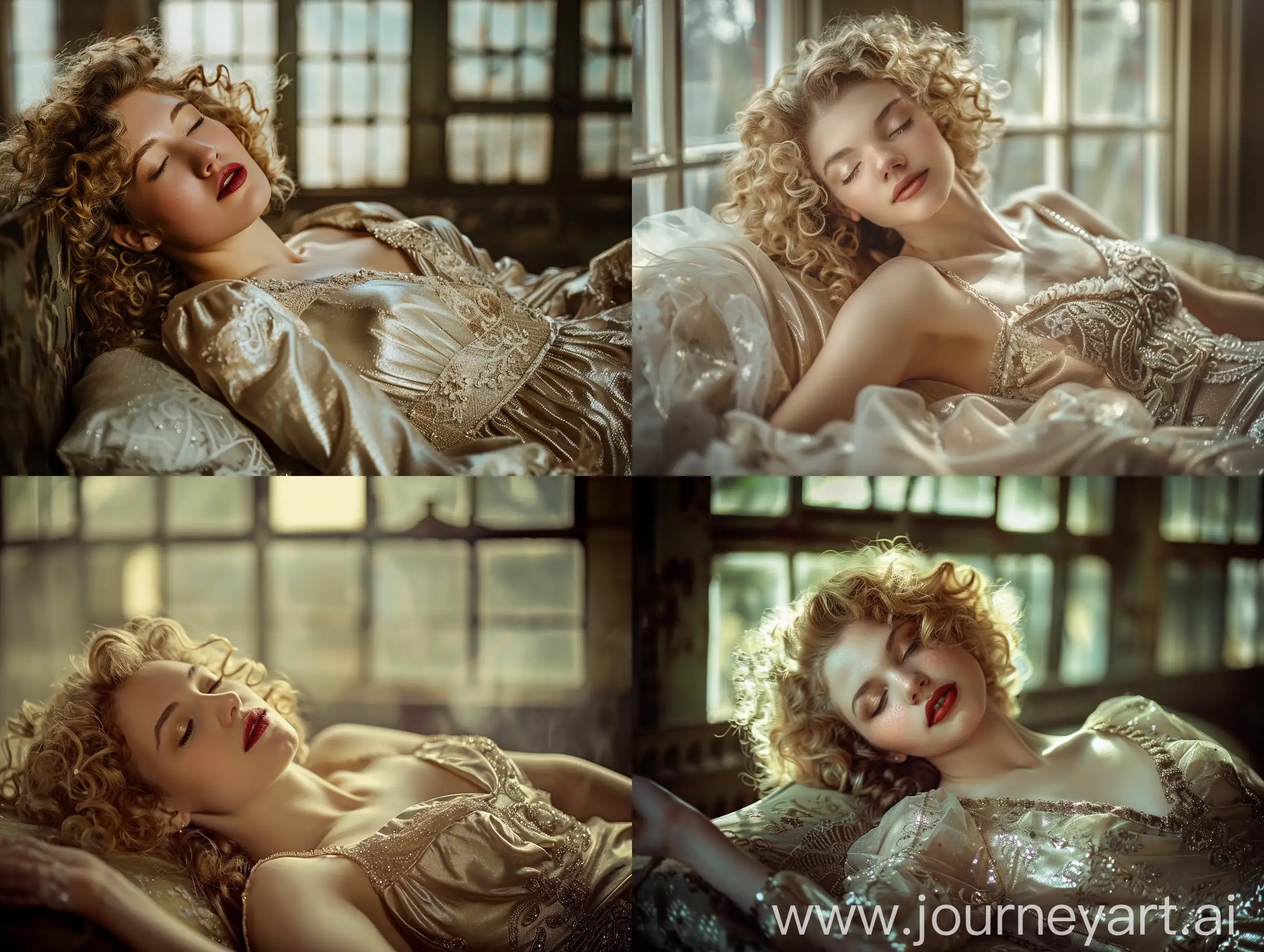 Elegant-Blonde-Woman-in-Satin-Dress-Relaxing-in-Vintage-Room