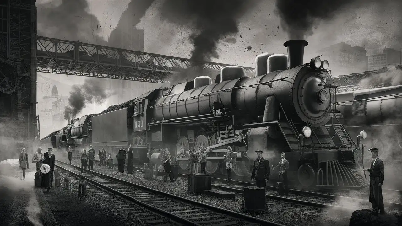 Grunge Black and White Steam Locomotives at a Large Train Station
