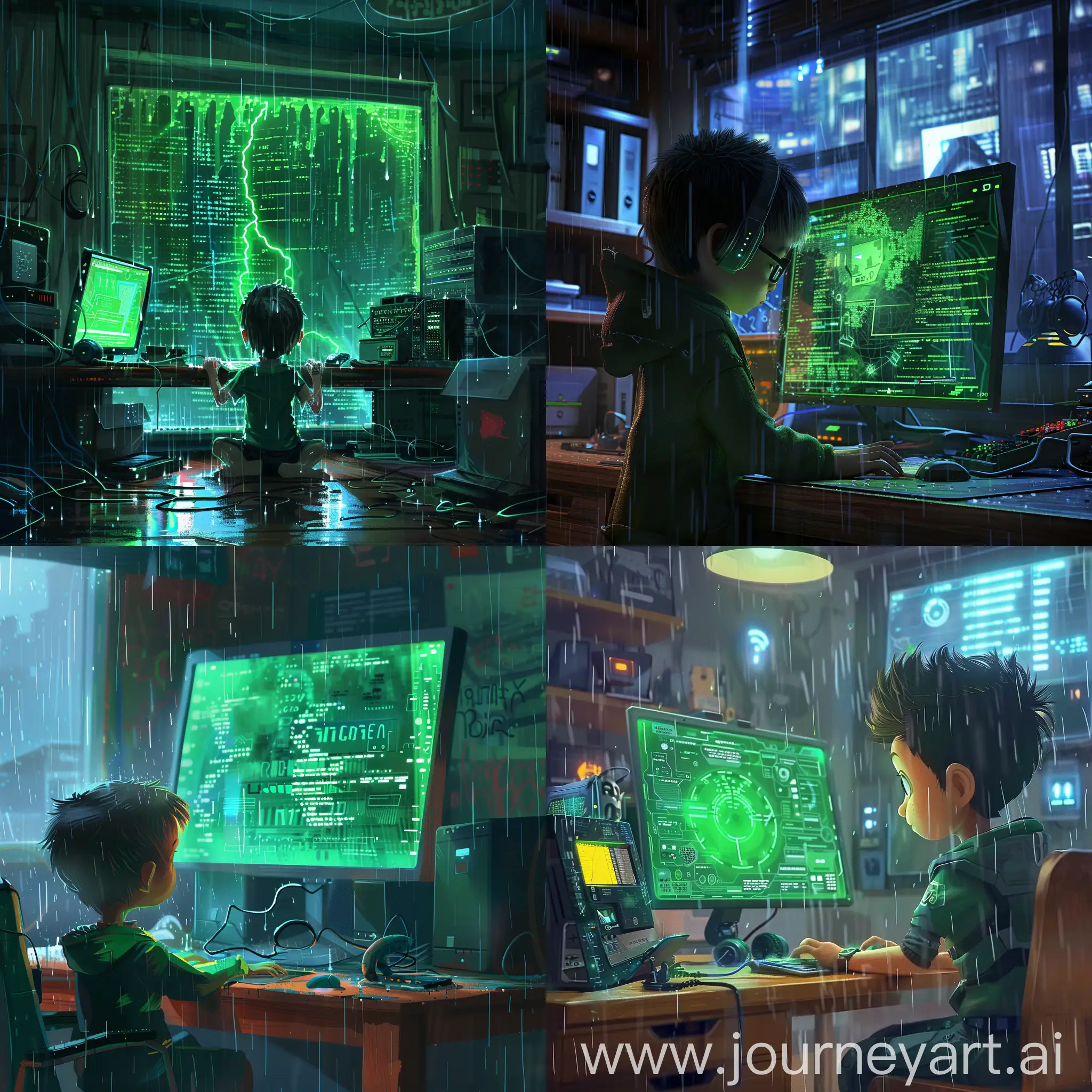 画一张小男孩在房间里对着电脑研究黑客技术，电脑屏幕内是绿色的的图片给我，雨天背景，3D卡通风格。