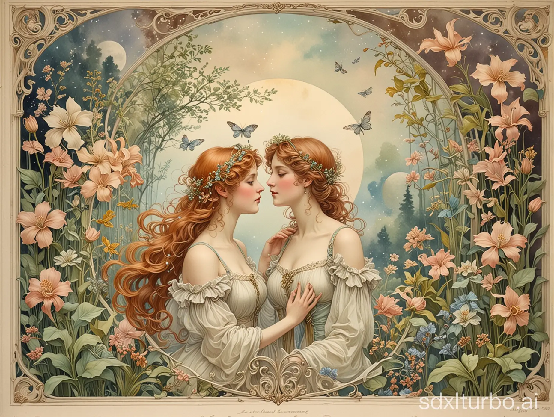 End of the century Art Nouveau Space Pastoral, delicate detailed drawing and elaborate watercolor painting