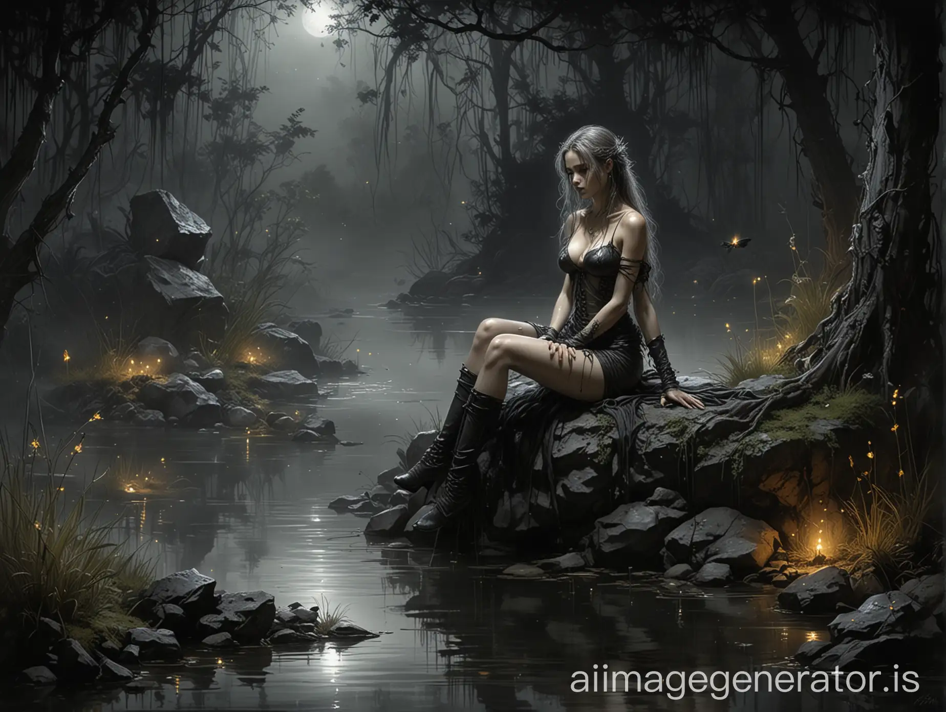luis royo inspired dark art, dark gloomy gardenscape, sitting on a wet rock by the pond, nightime, fireflies