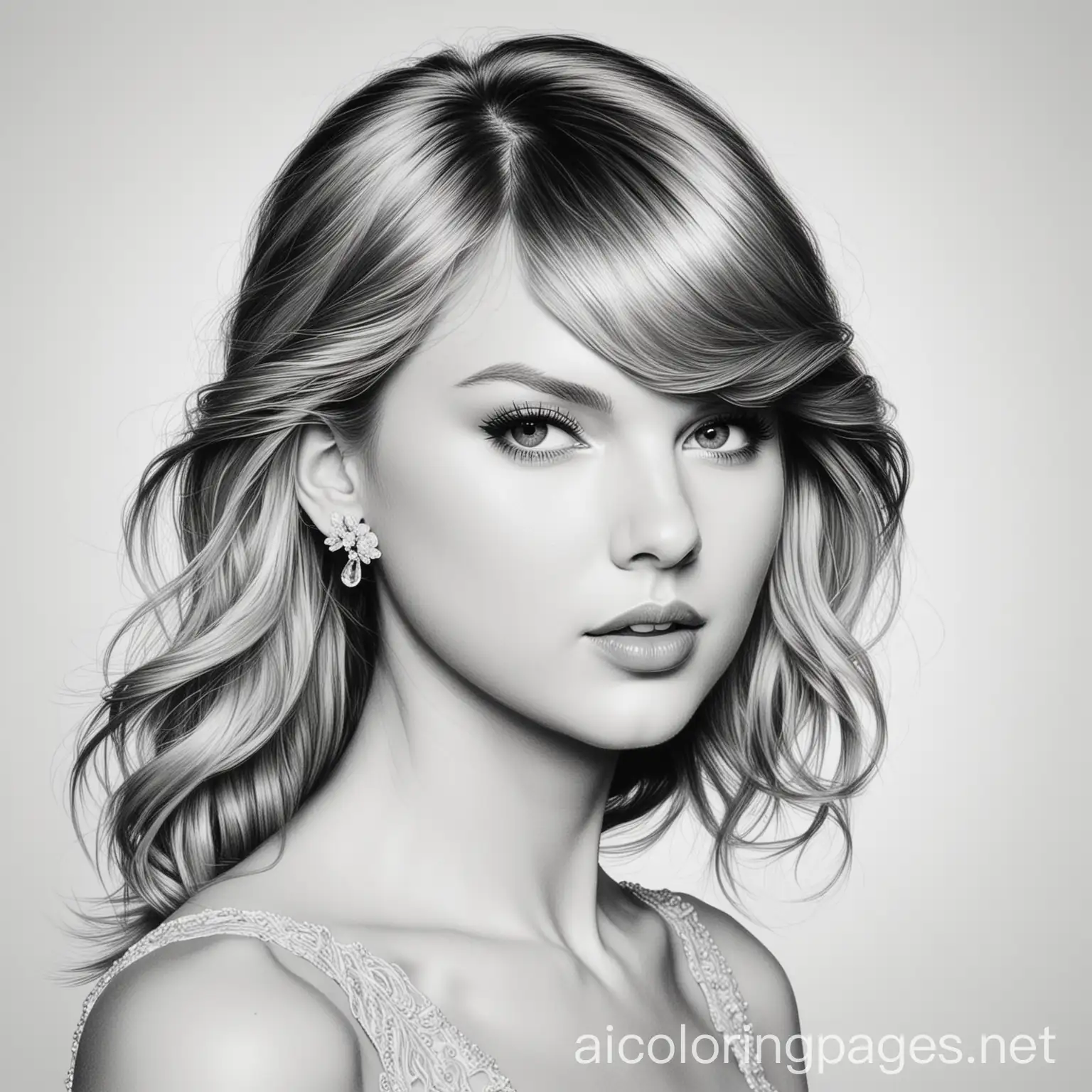 taylor swift, Coloring Page, black and white, line art, white background, Simplicity, Ample White Space. The background of the coloring page is plain white to make it easy for young children to color within the lines. The outlines of all the subjects are easy to distinguish, making it simple for kids to color without too much difficulty