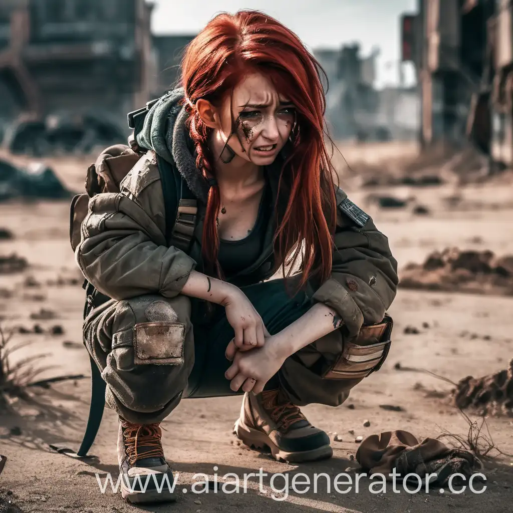 девушка с красными волосами и одеждой в стиле пост апокалипсиса плачет сидя на коленях на земле