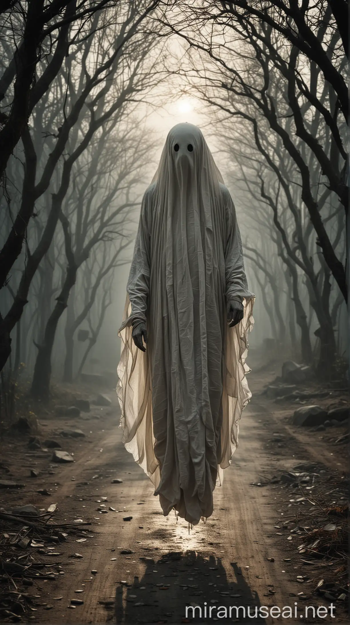 Eerie Pocong Ghost Haunting a Dark Rural Road at Night