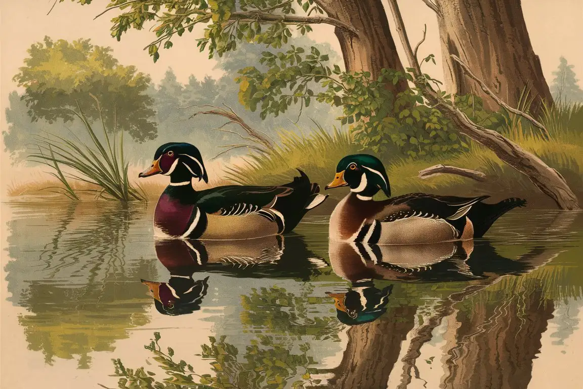 vintage print illustration of two Wood Ducks floating in Tranquil Waters 