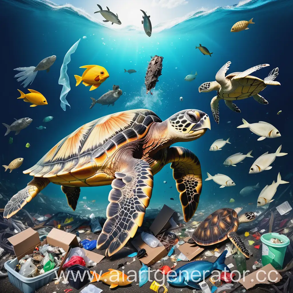 Ocean-Pollution-Frightened-Sea-Turtle-and-Fish-Amidst-Garbage