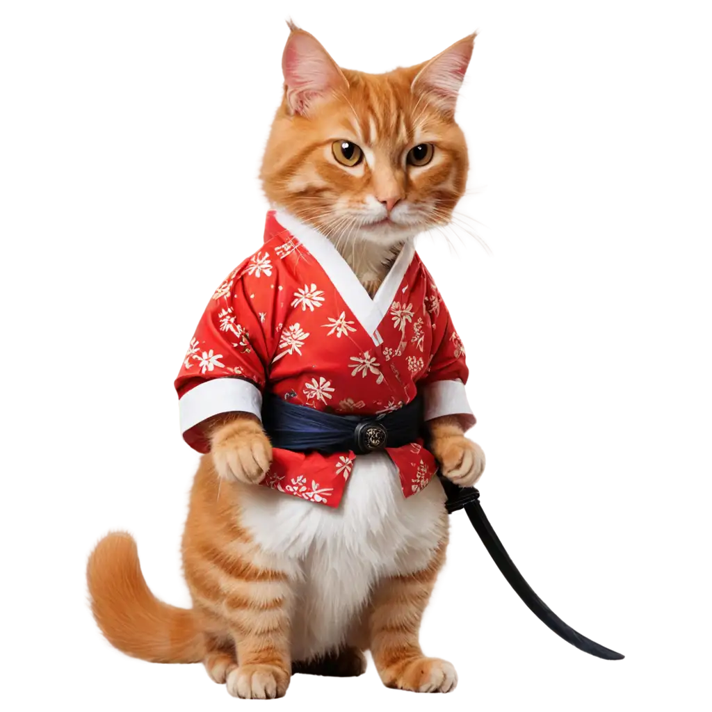 Create an artwork of a robust ginger tabby cat dressed as a traditional samurai. The cat should appear serious and noble, standing upright on its hind legs. It should be wearing a detailed samurai armor in red and gold colors, complete with a helmet that has a headband marked with Japanese kanji. The cat should have a pair of katana swords sheathed on its back. In the background, include a large, faded red sun, adding a dramatic and historical Japanese feel to the image. The style should be slightly weathered and vintage, like a traditional woodblock print.