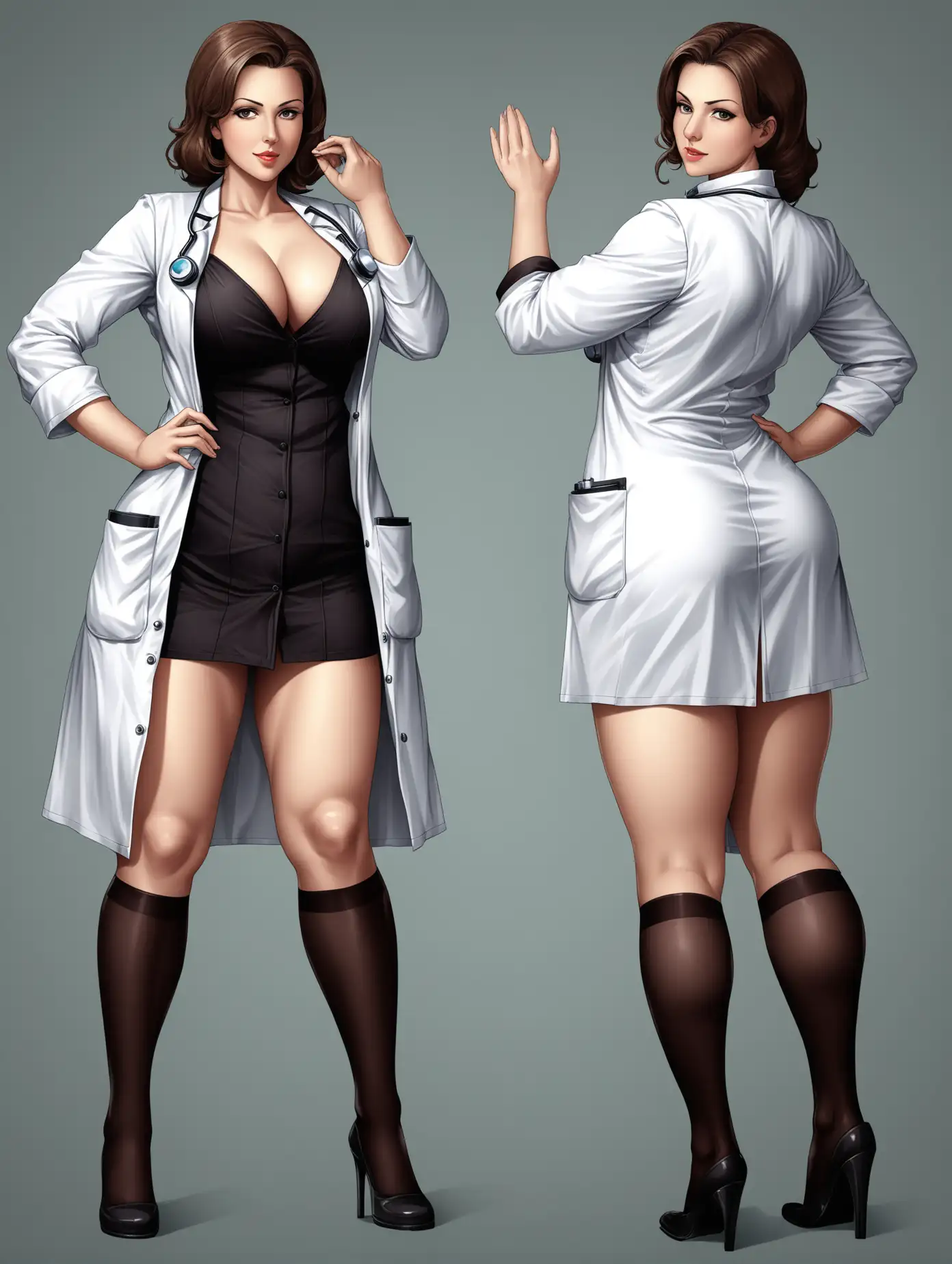 Sensual picture of a attractive woman, age 30, large chest, large butt, in scientist outfit, 2 poses, full body