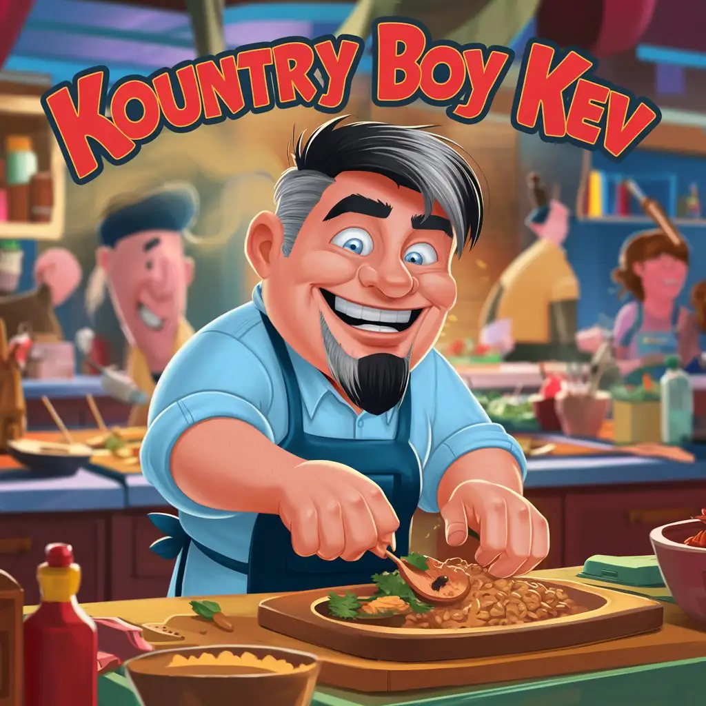 cooking with Kountry boy kev cartoon logo  white man with tattoo, black hair with gray streak, and goatee, blue eyes, and a cooking apron on 
